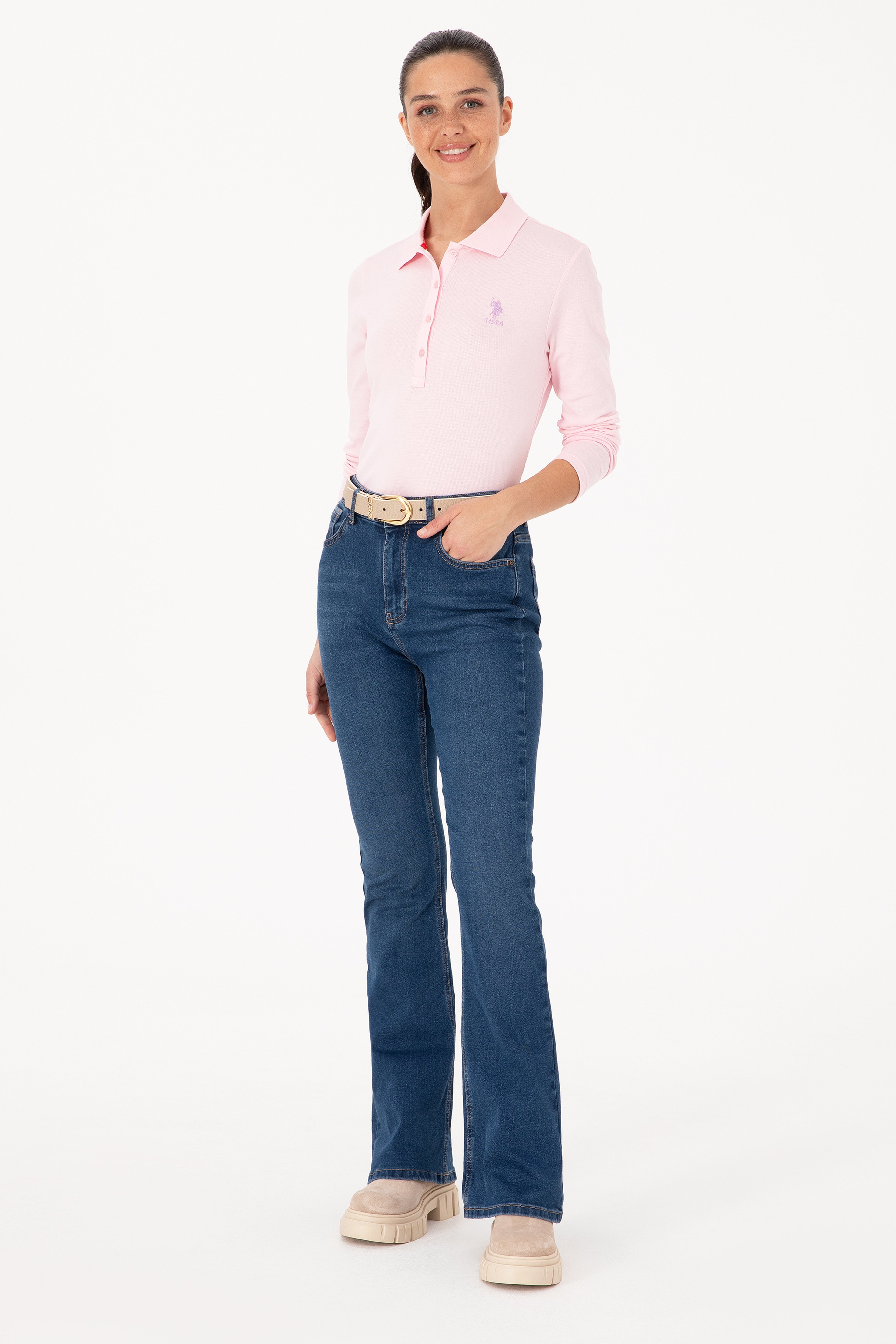 Kadın Pembe Basic Polo Yaka Sweatshırt - Image 4