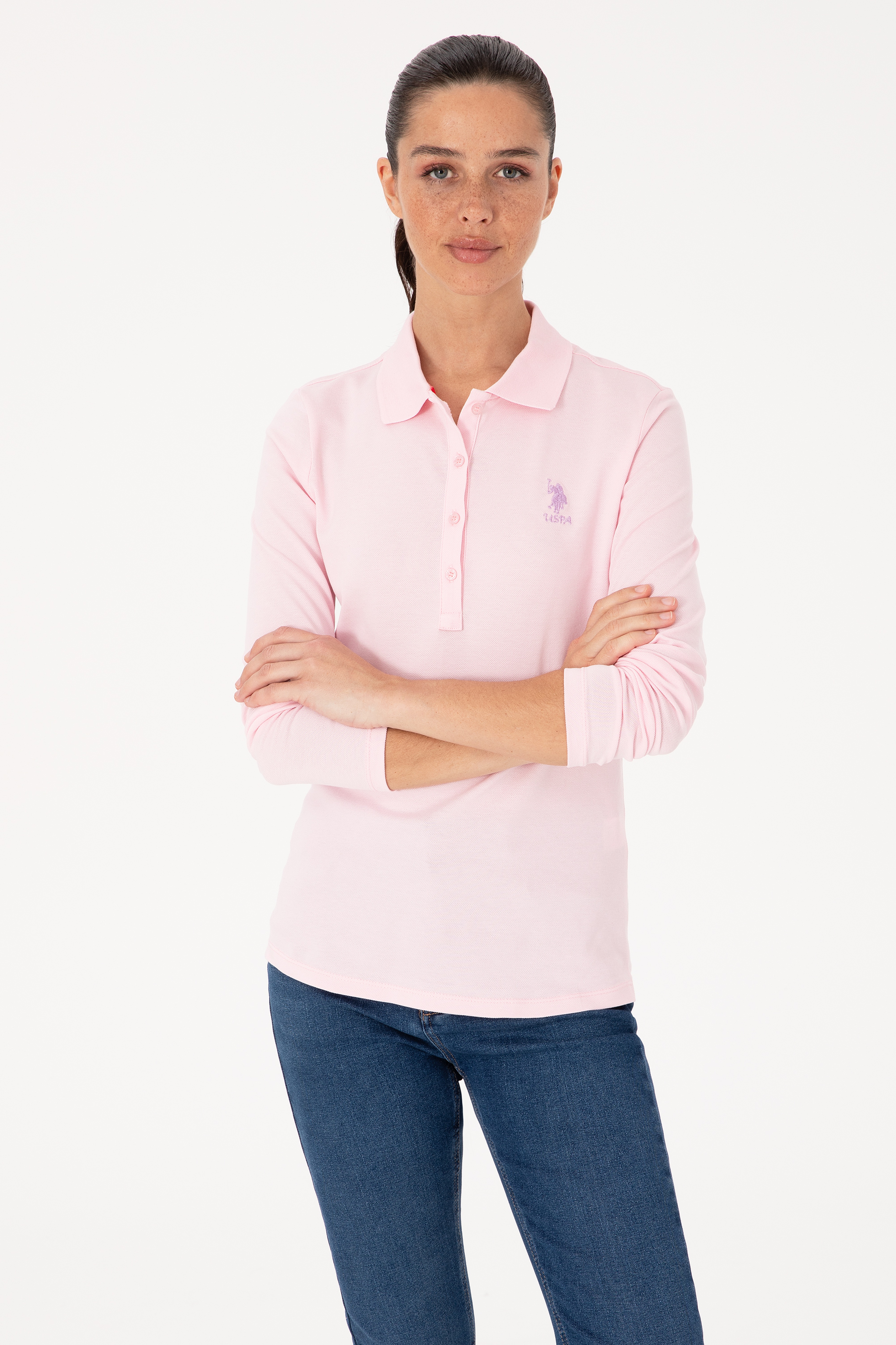 Kadın Pembe Basic Polo Yaka Sweatshırt