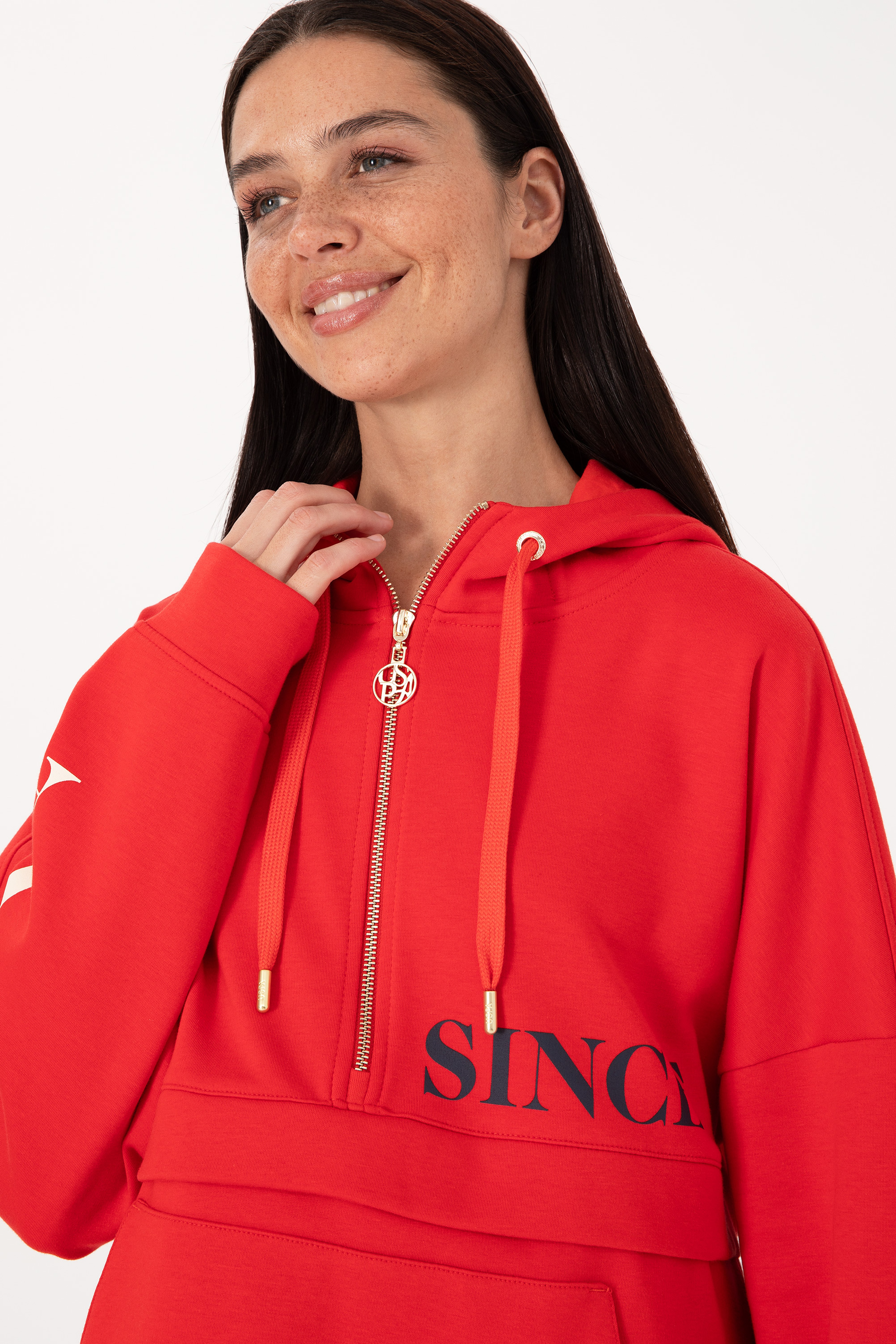 Kadın Kırmızı Kapüşonlu Sweatshirt