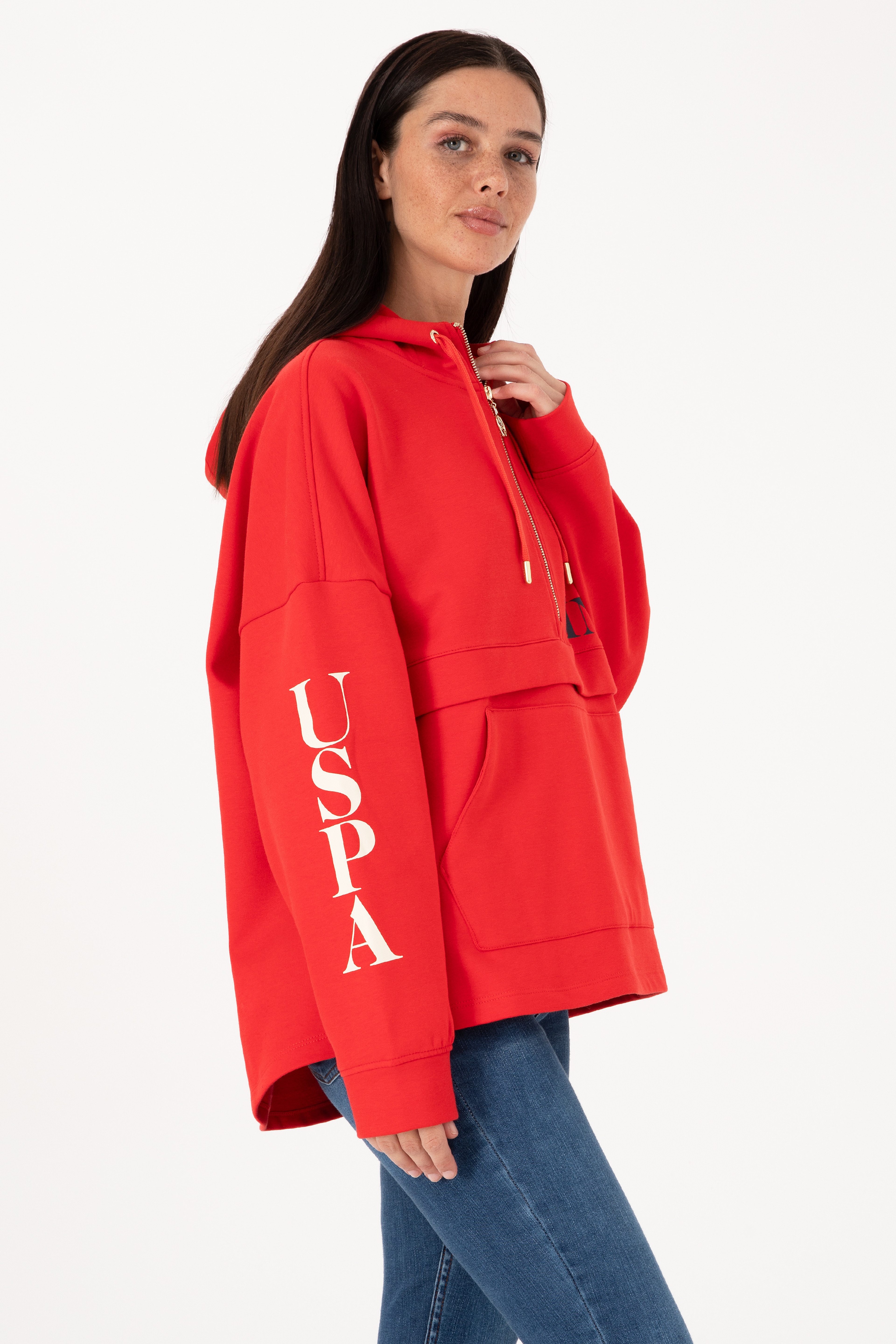 Kadın Kırmızı Kapüşonlu Sweatshirt - Image 3