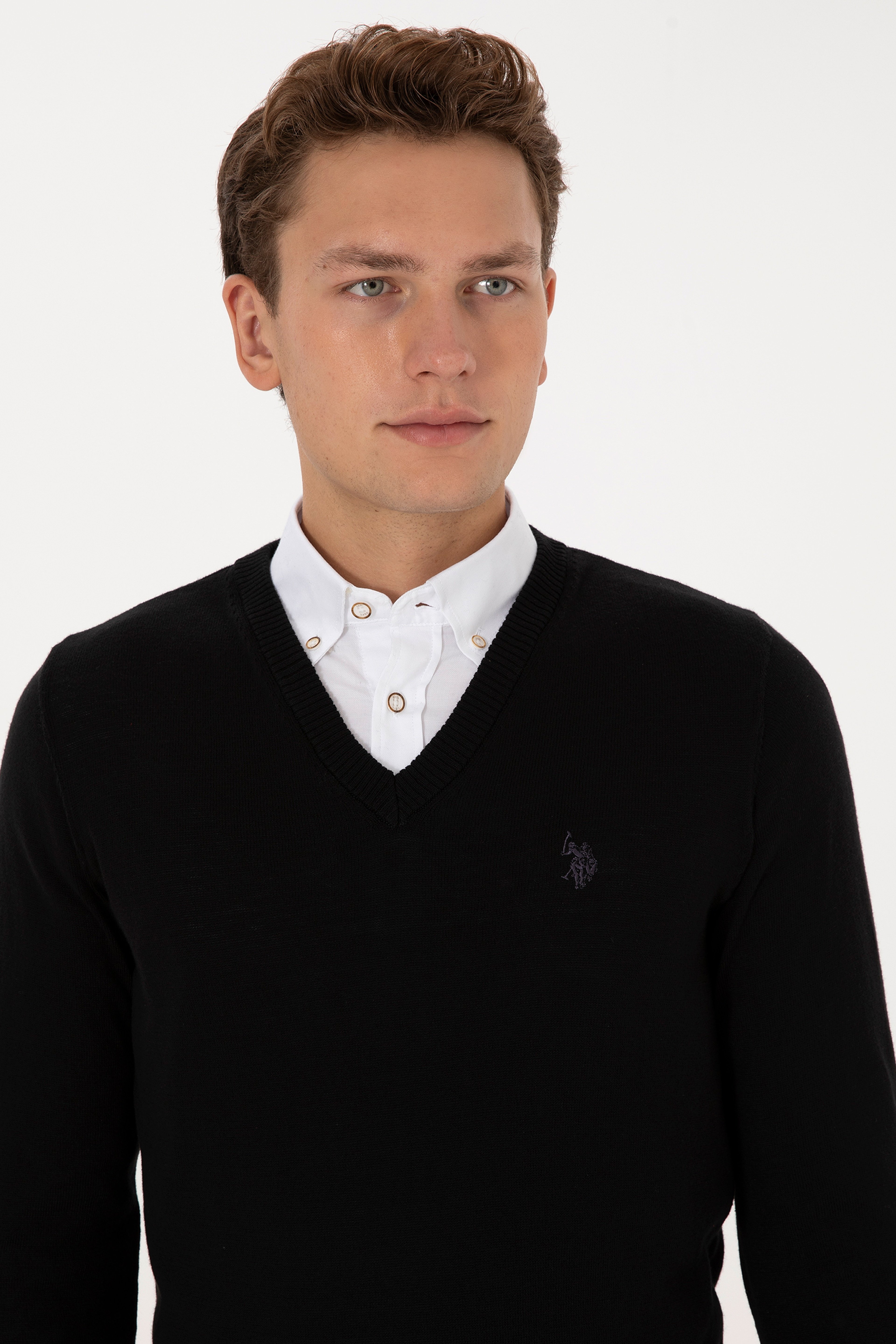Erkek Slim Fit V Yaka Siyah Basic Triko Kazak - Image 2