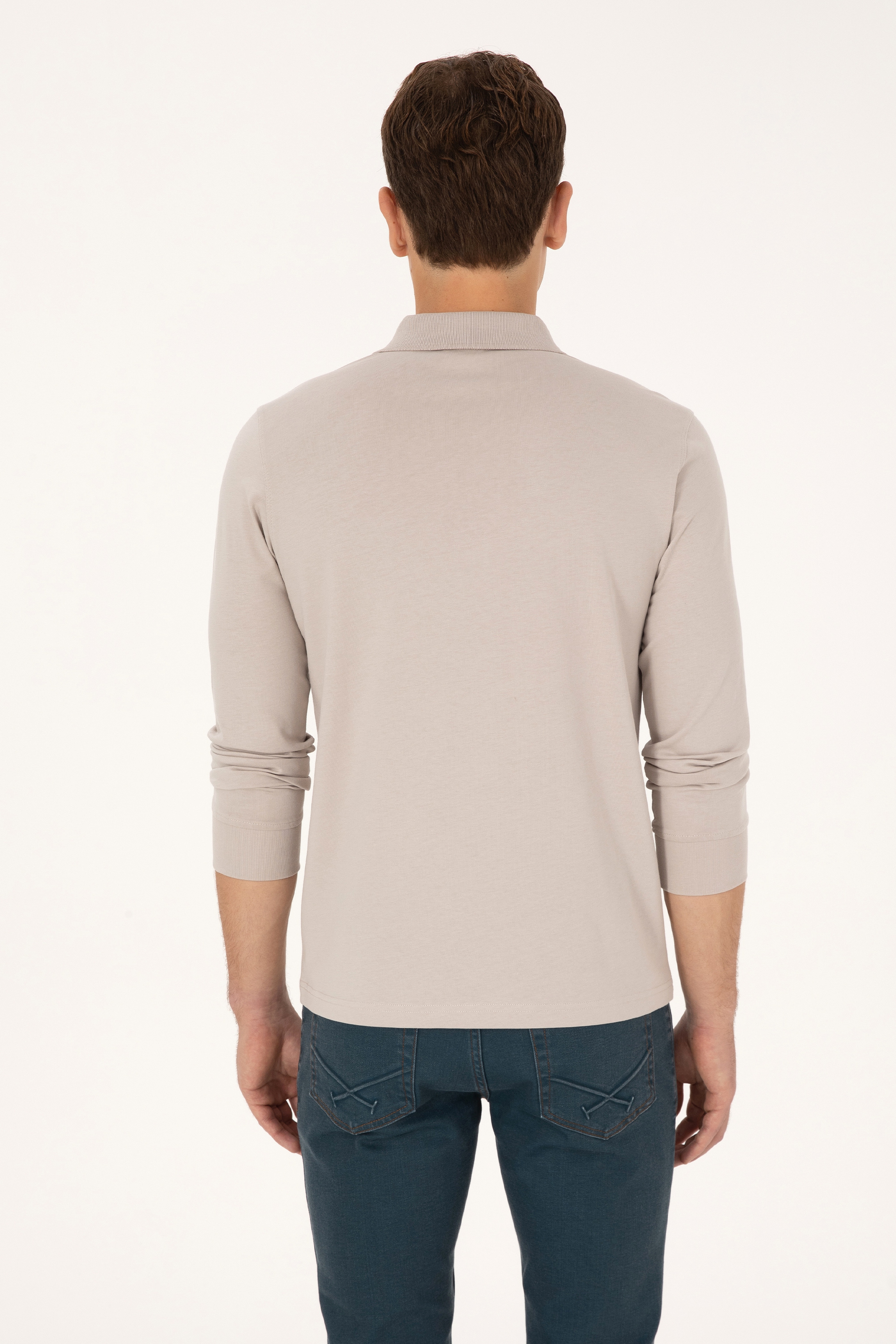 Erkek Regular Fit Polo Yaka Taş Sweatshirt - Image 5