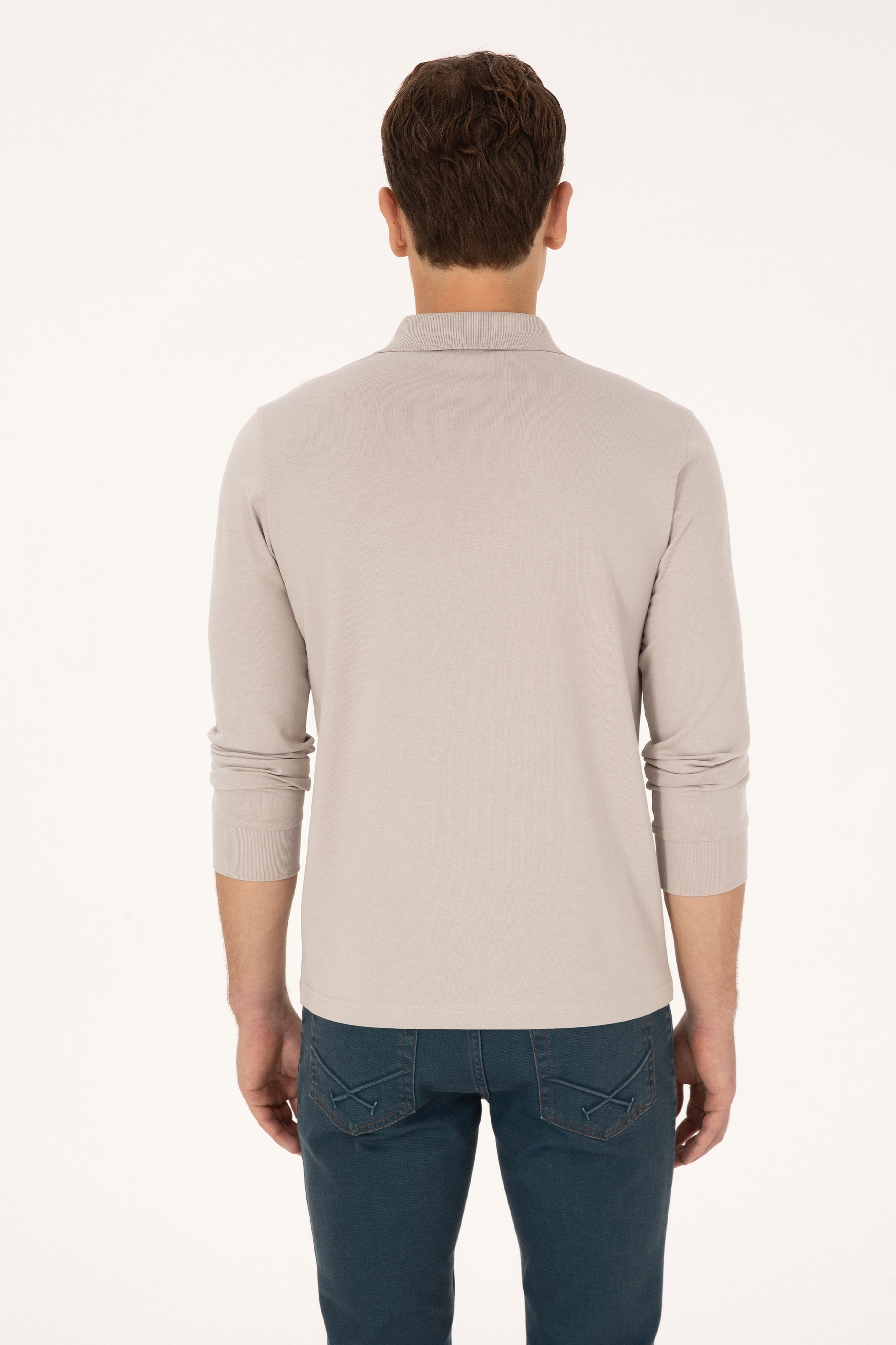Erkek Regular Fit Polo Yaka Taş Sweatshirt