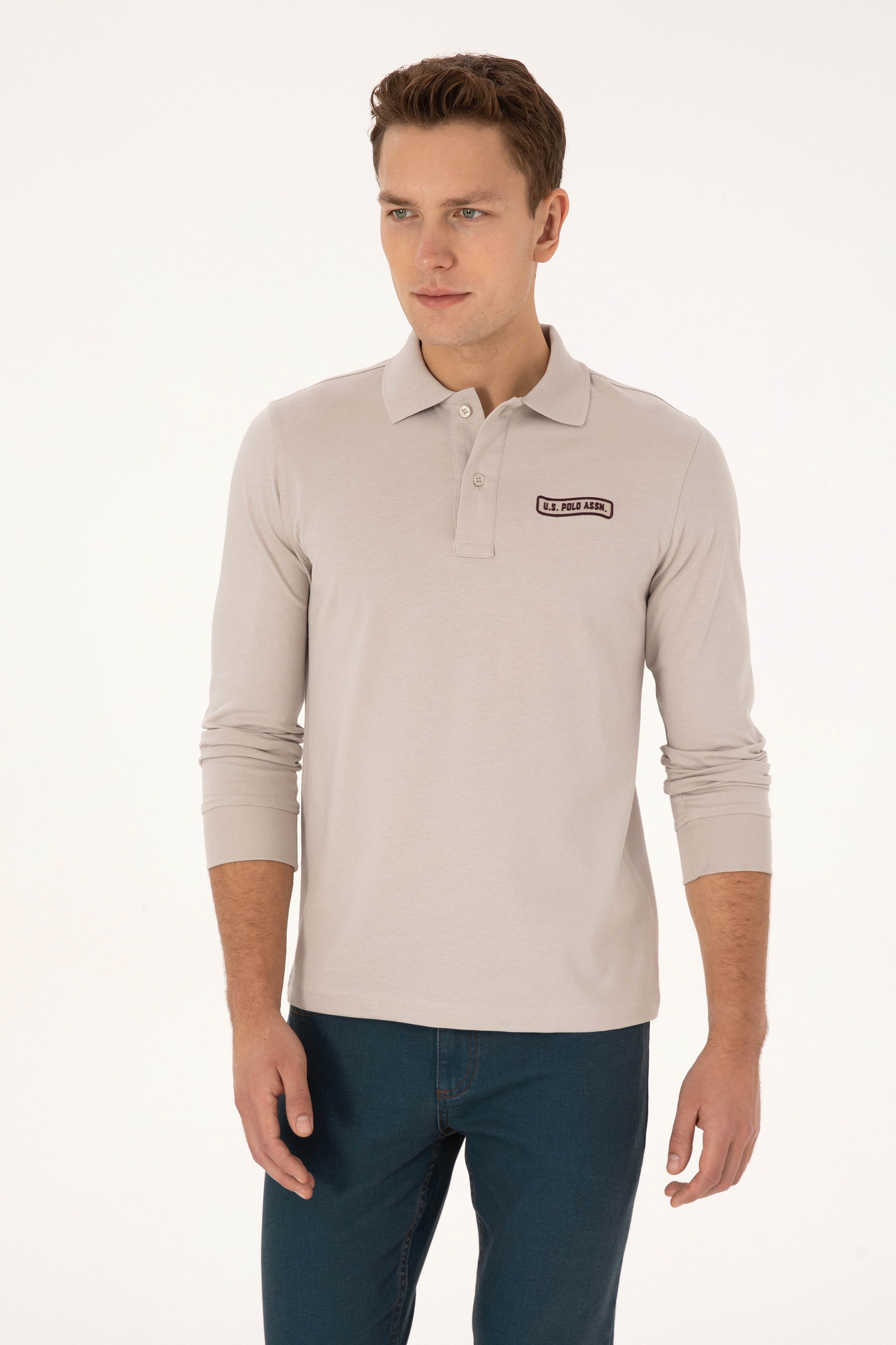 Erkek Regular Fit Polo Yaka Taş Sweatshirt