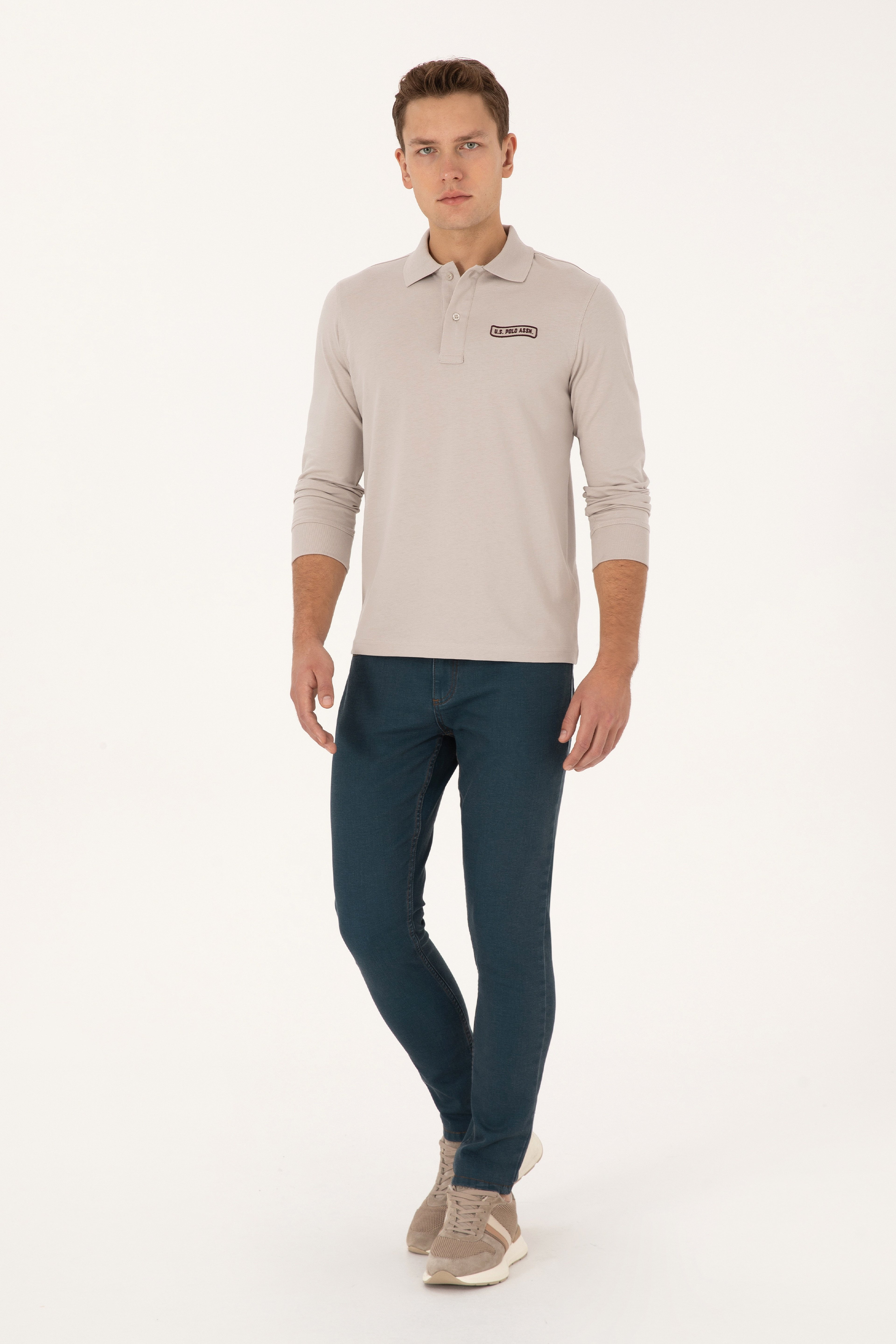 Erkek Regular Fit Polo Yaka Taş Sweatshirt - Image 4