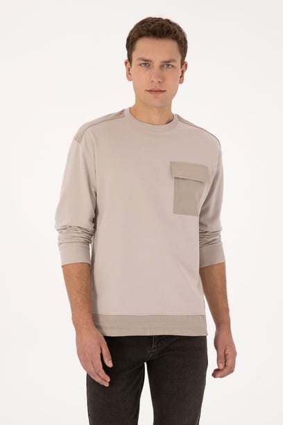 Erkek Comfort Fit Bisiklet Yaka Cep Detaylı Taş Sweatshirt