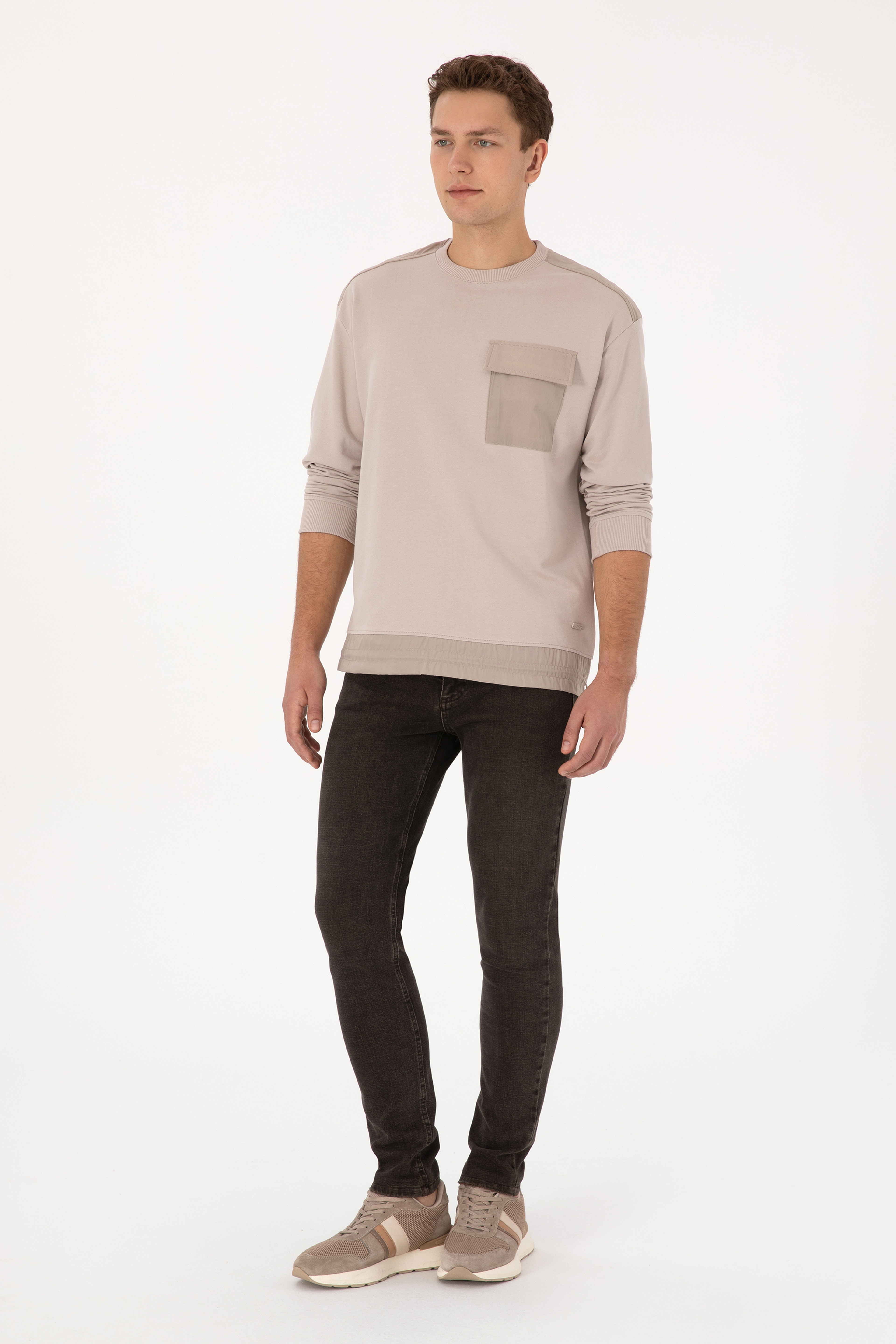 Erkek Comfort Fit Bisiklet Yaka Cep Detaylı Taş Sweatshirt - Image 4