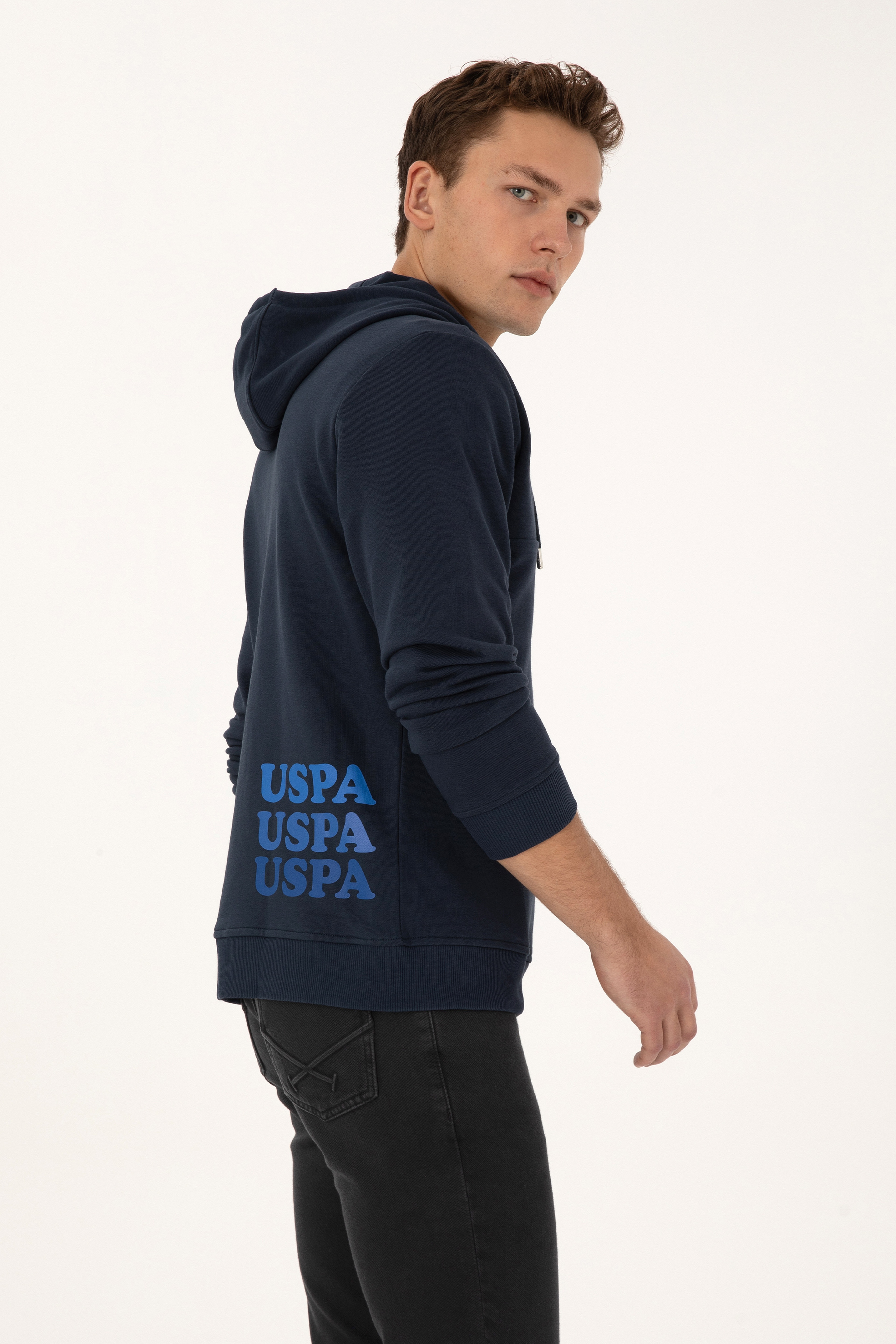 Erkek Regular Fit Yarım Fermuarlı Kapüşonlu Açık Lacivert Sweatshirt - Image 3