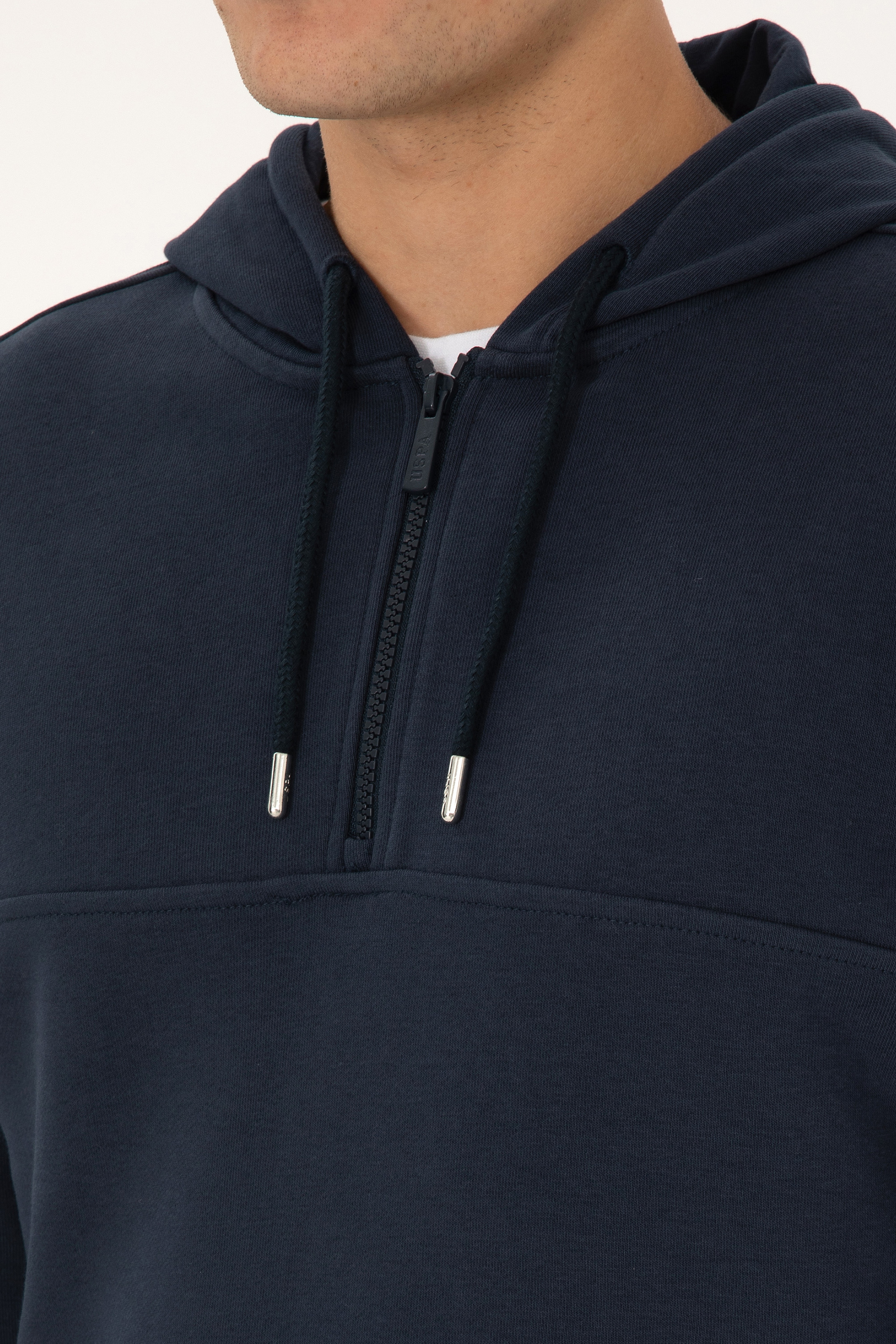 Erkek Regular Fit Yarım Fermuarlı Kapüşonlu Açık Lacivert Sweatshirt