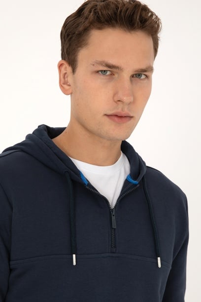 Erkek Regular Fit Yarım Fermuarlı Kapüşonlu Açık Lacivert Sweatshirt