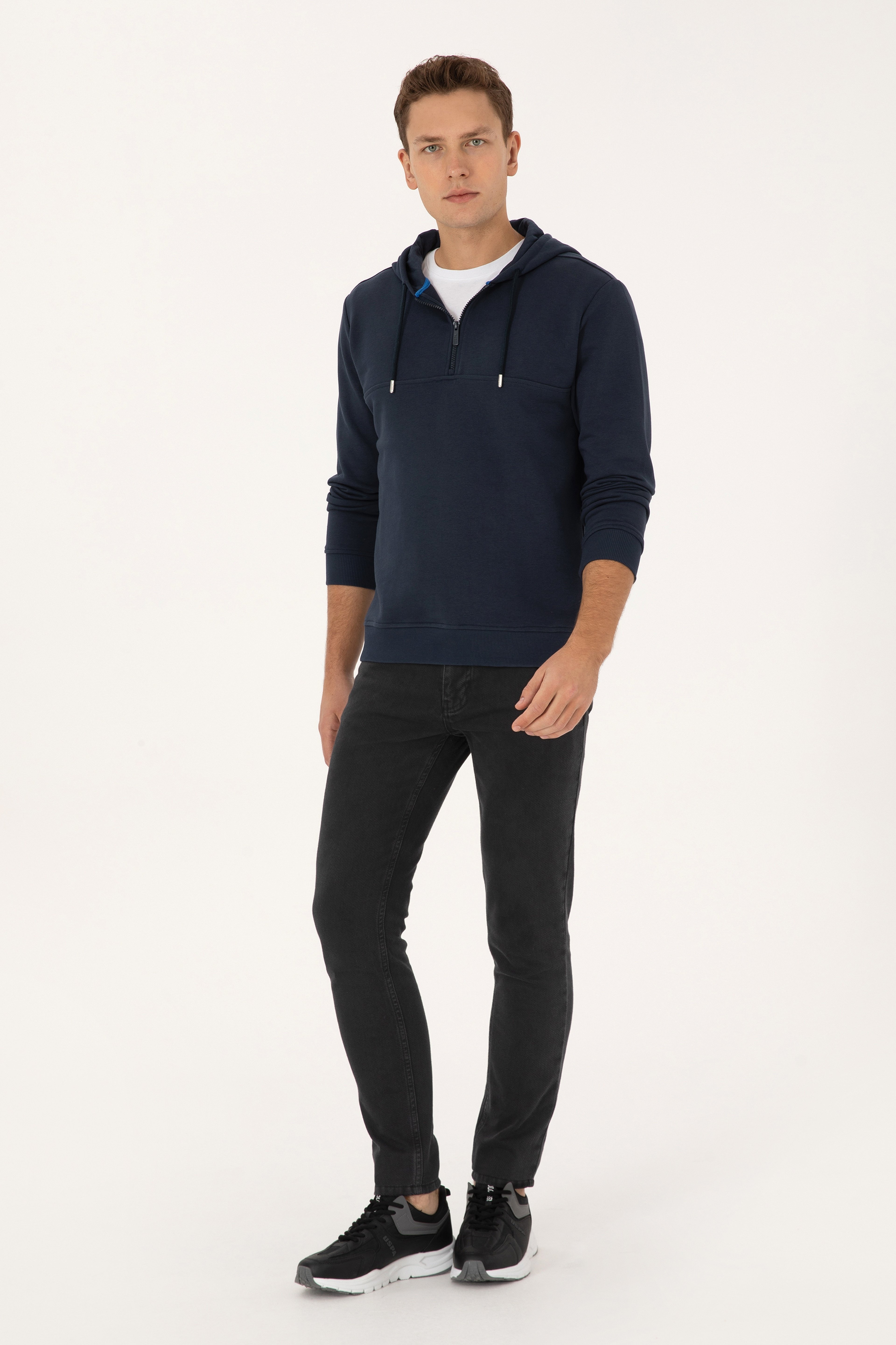 Erkek Regular Fit Yarım Fermuarlı Kapüşonlu Açık Lacivert Sweatshirt - Image 4