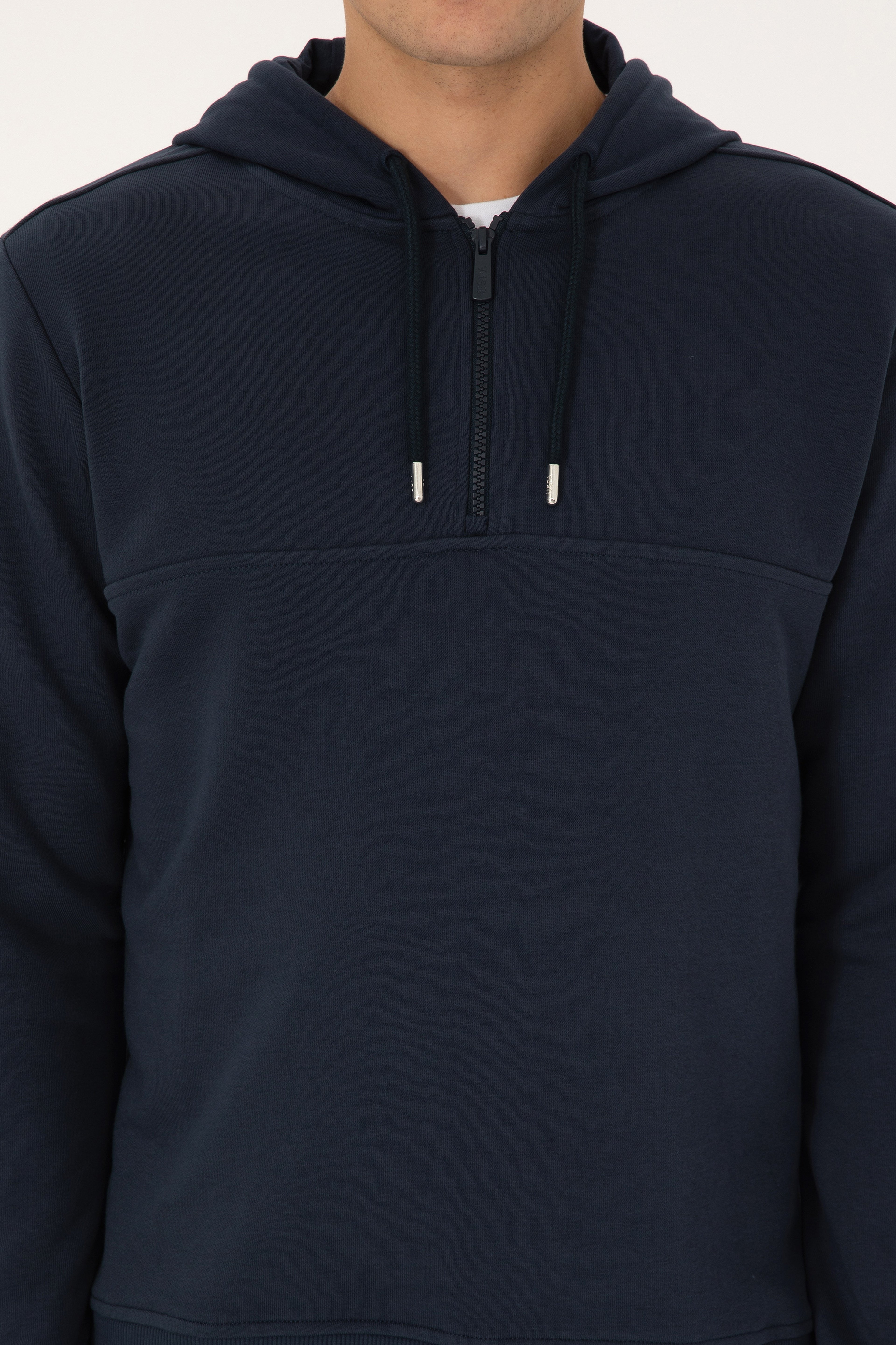Erkek Regular Fit Yarım Fermuarlı Kapüşonlu Açık Lacivert Sweatshirt - Image 6