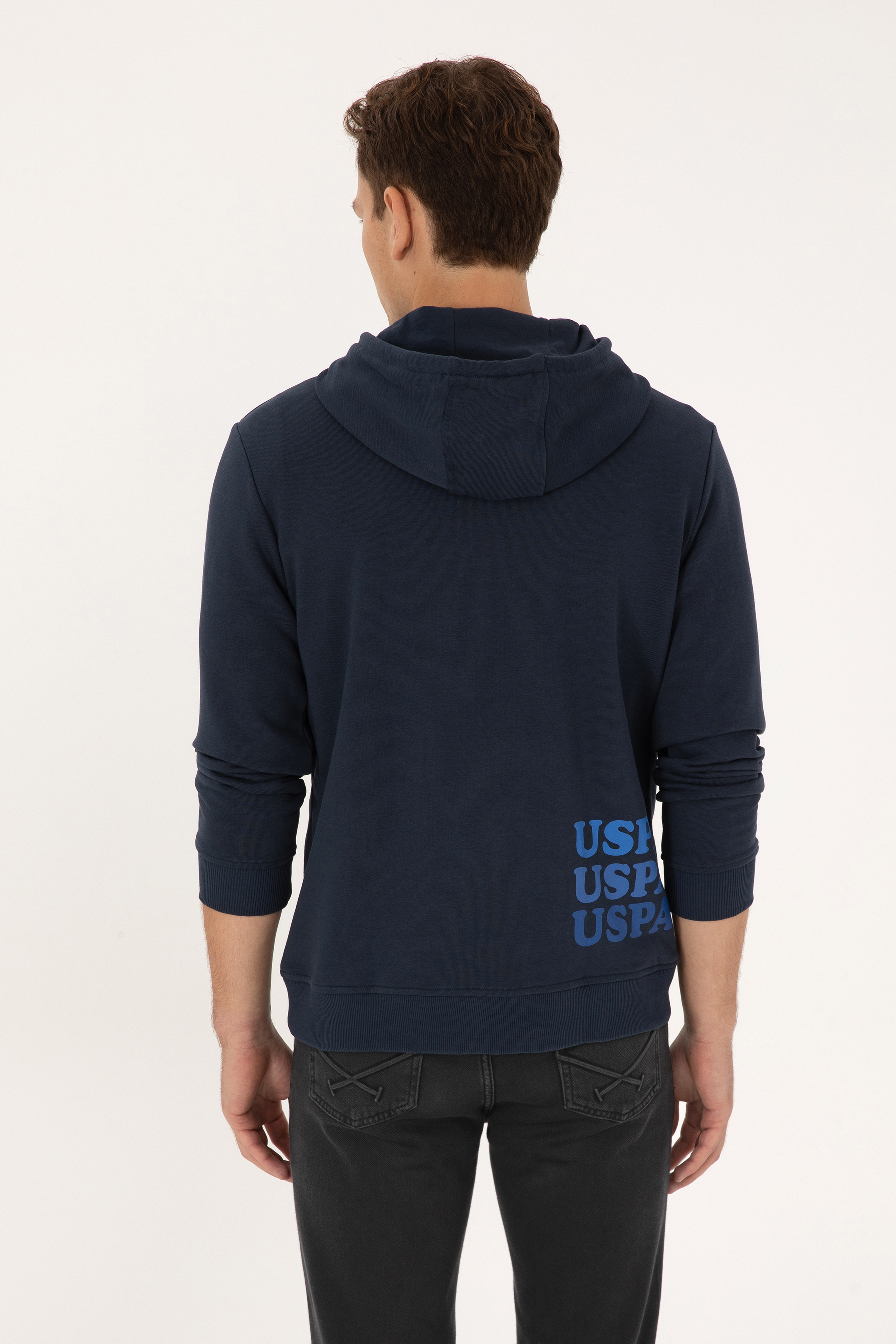 Erkek Regular Fit Yarım Fermuarlı Kapüşonlu Açık Lacivert Sweatshirt - Image 5