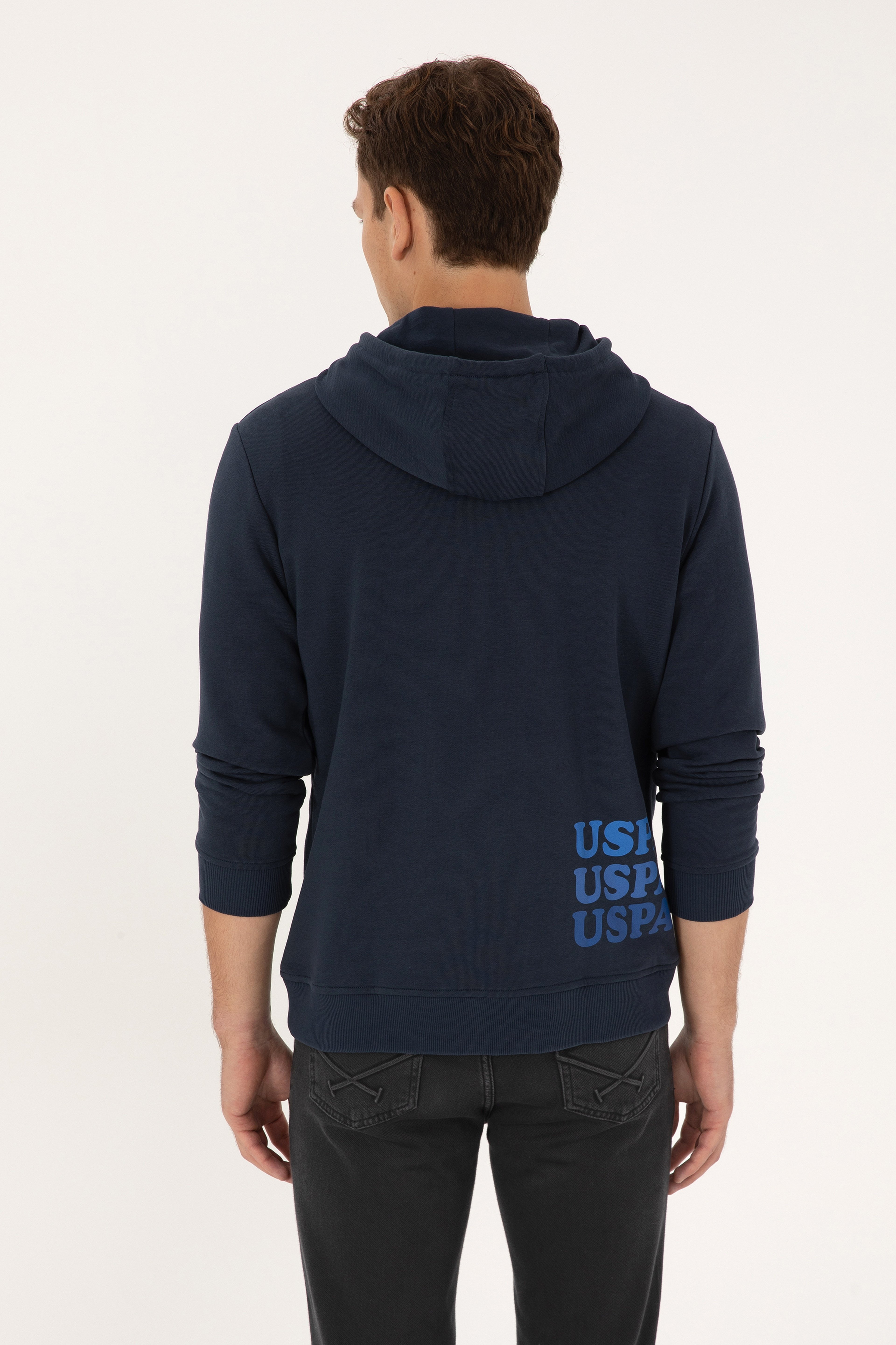 Erkek Regular Fit Yarım Fermuarlı Kapüşonlu Açık Lacivert Sweatshirt
