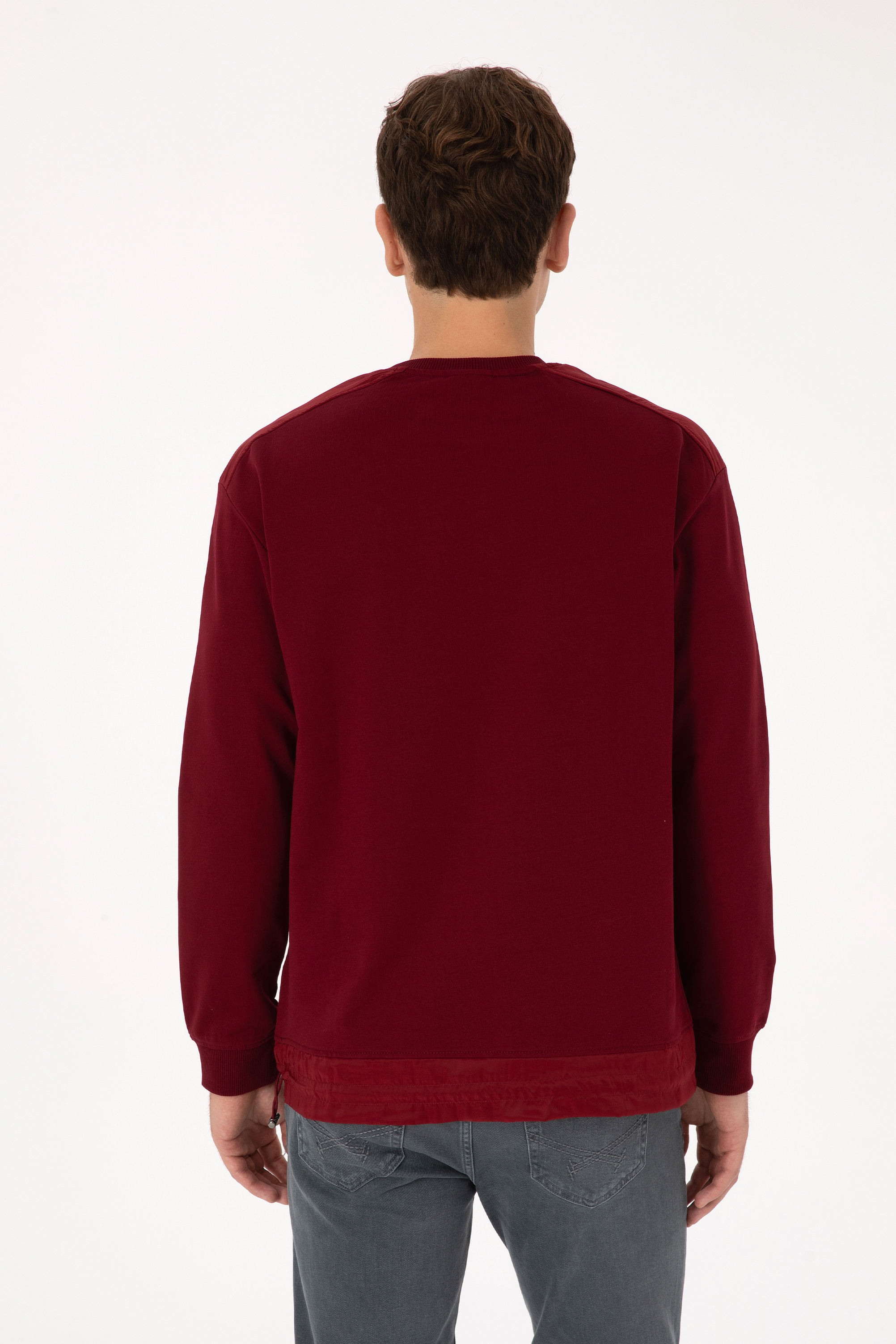 Erkek Comfort Fit Bisiklet Yaka Cep Detaylı Bordo Sweatshirt - Image 5