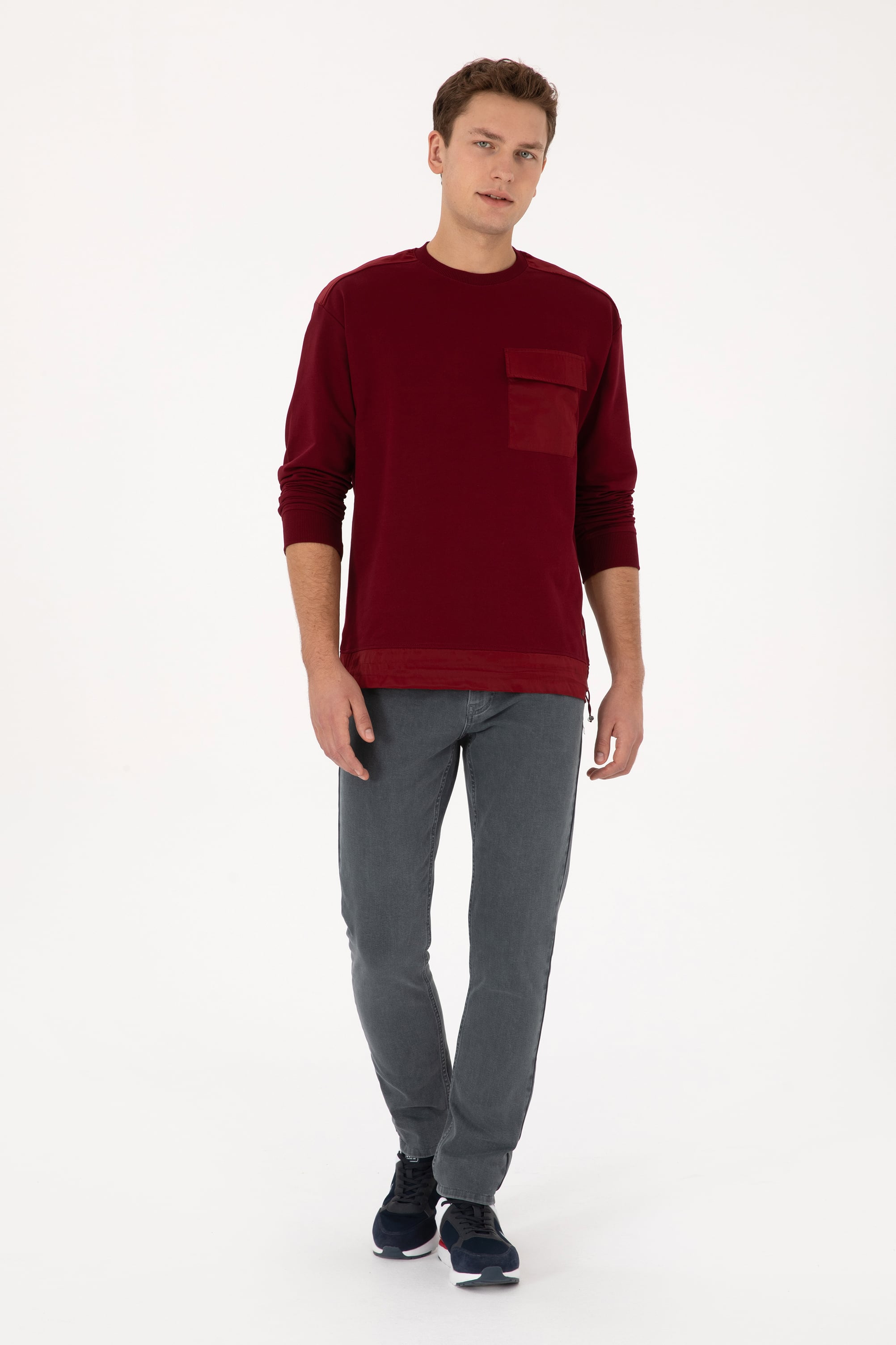 Erkek Comfort Fit Bisiklet Yaka Cep Detaylı Bordo Sweatshirt