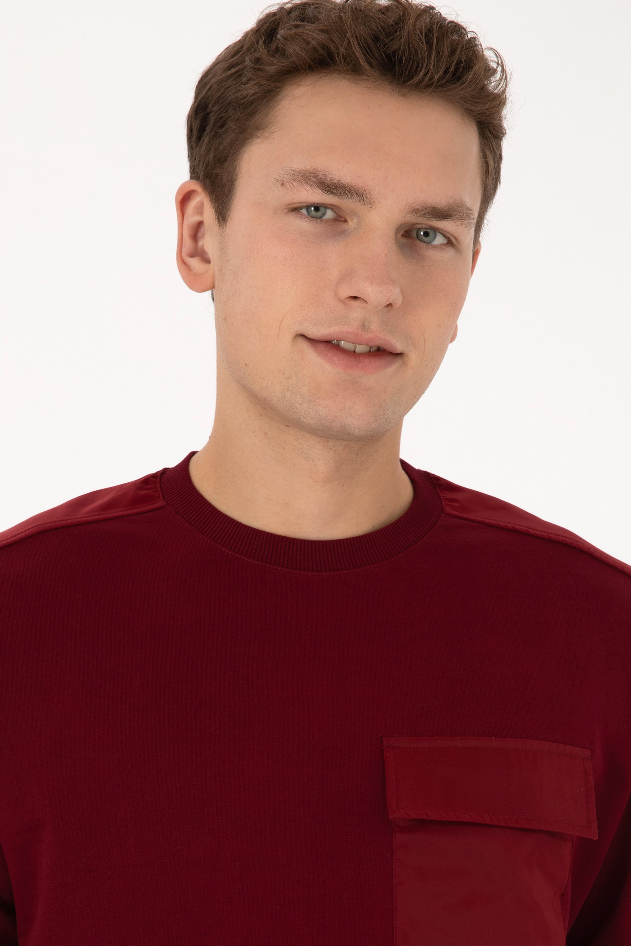Erkek Comfort Fit Bisiklet Yaka Cep Detaylı Bordo Sweatshirt