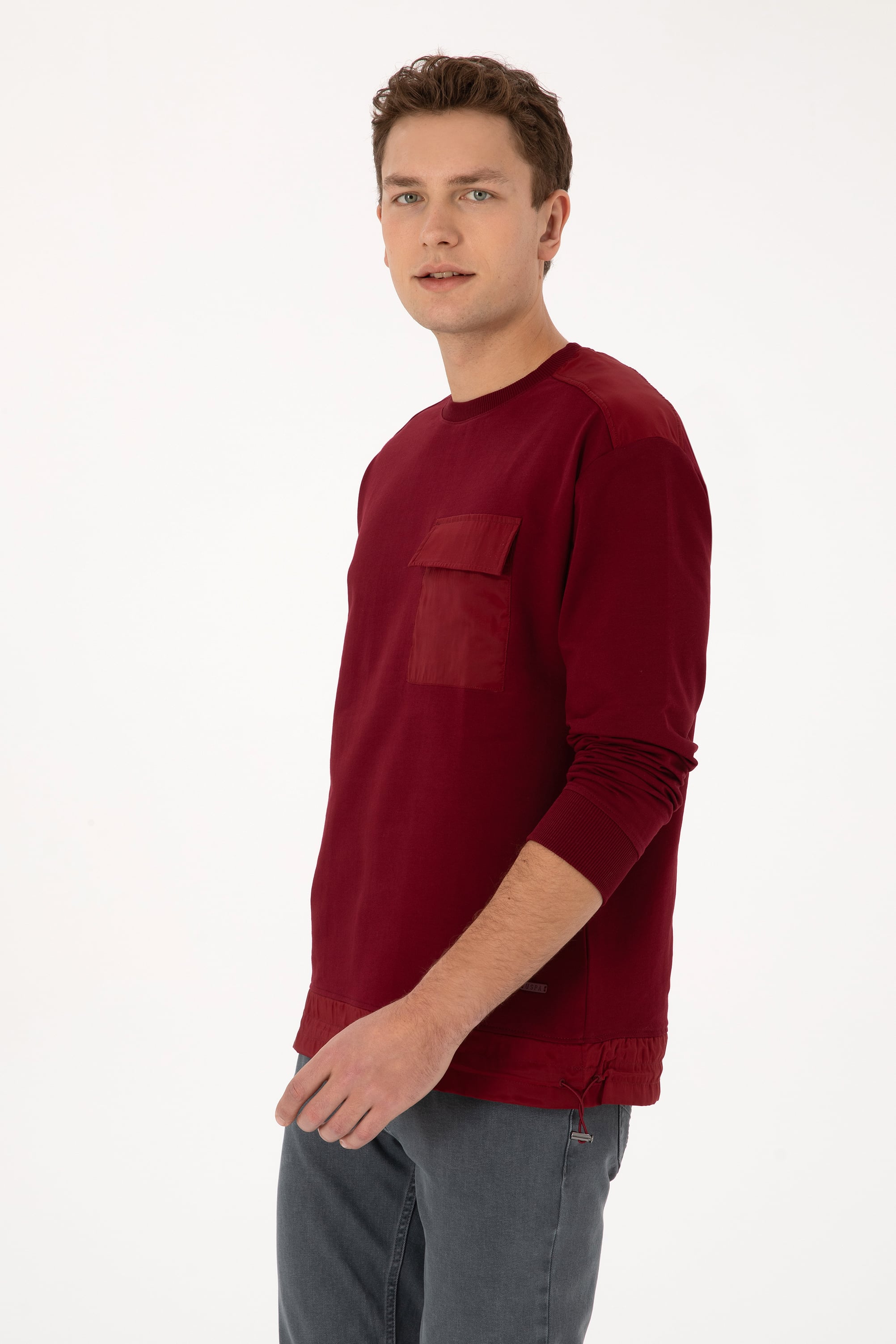 Erkek Comfort Fit Bisiklet Yaka Cep Detaylı Bordo Sweatshirt