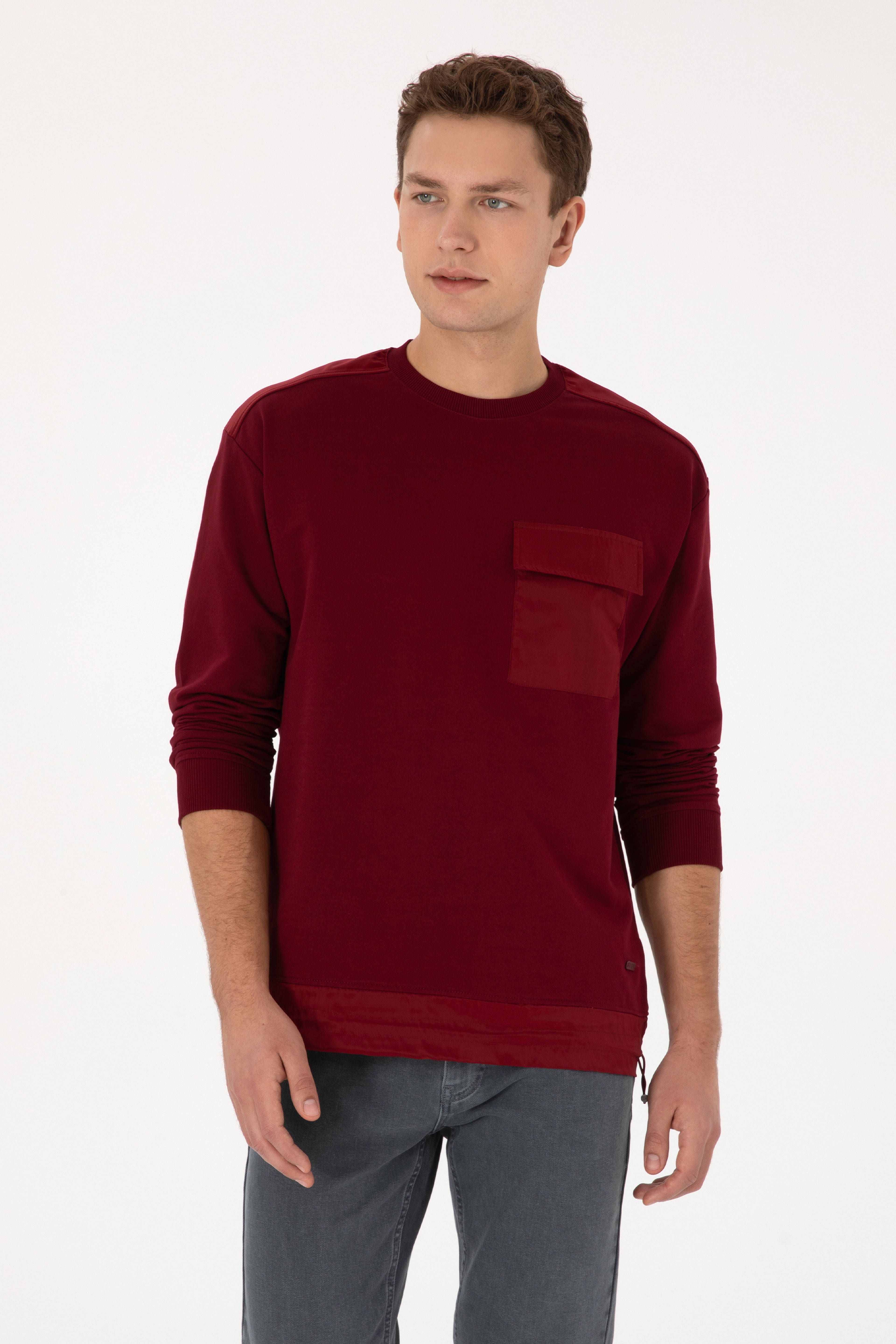 Erkek Comfort Fit Bisiklet Yaka Cep Detaylı Bordo Sweatshirt - Image 1