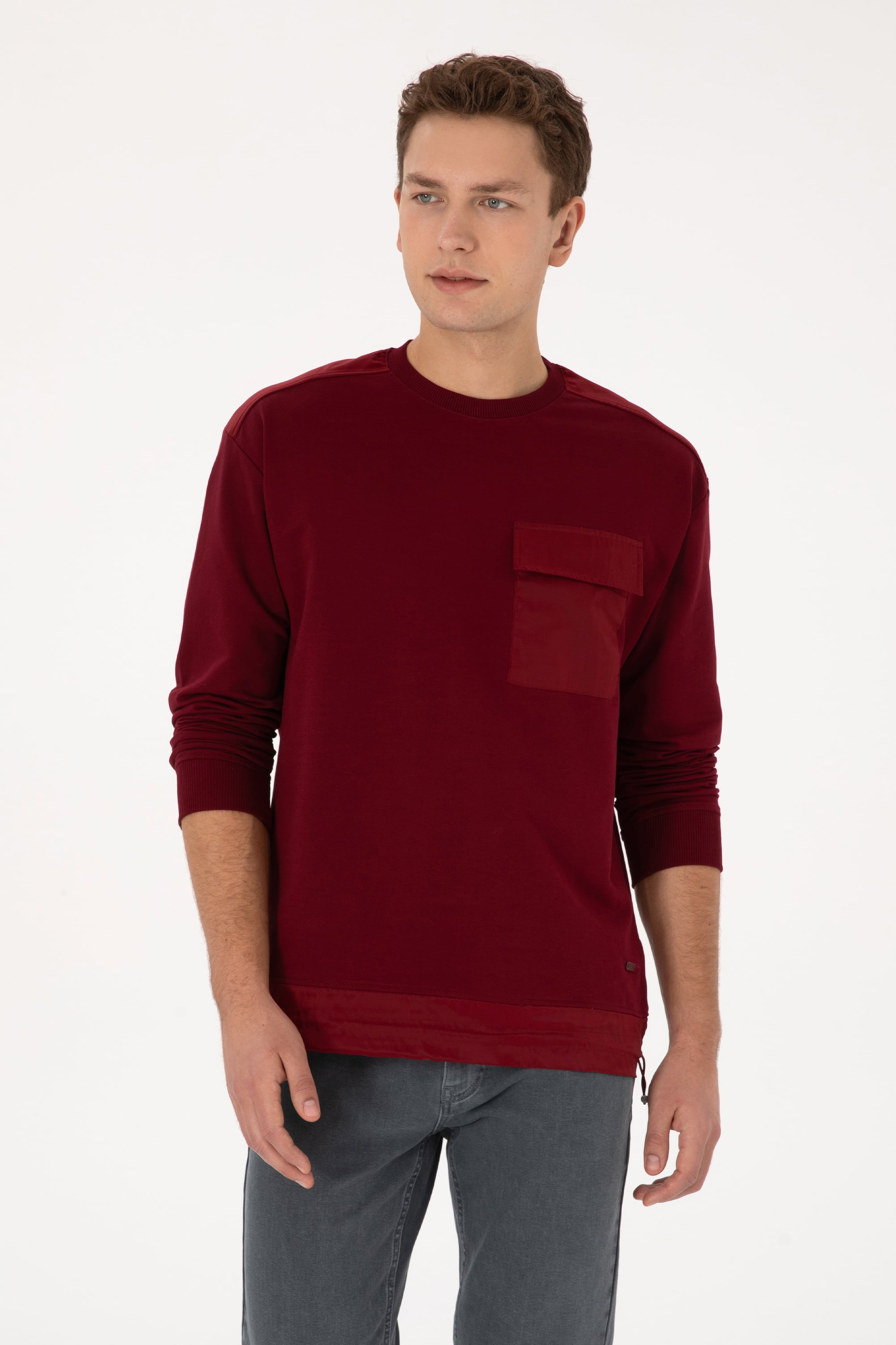 Erkek Comfort Fit Bisiklet Yaka Cep Detaylı Bordo Sweatshirt