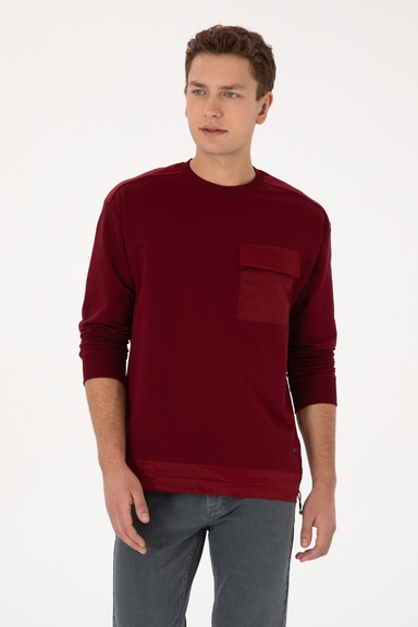 Erkek Bordo Bisiklet Yaka Comfort Fit %100 Pamuk Kapaklı Cepli Detaylı Sweatshirt