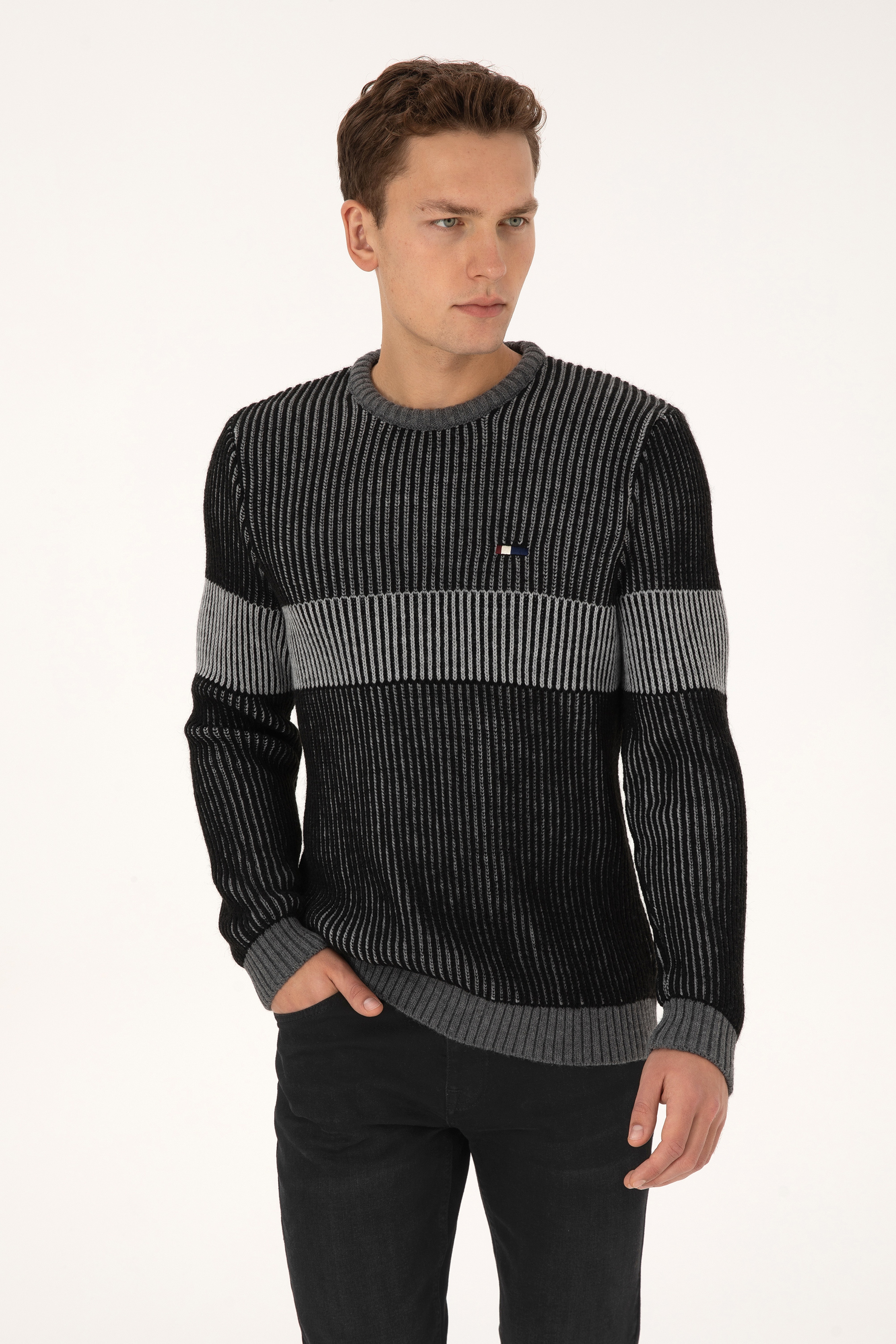 Erkek Slim Fit Bisiklet Yaka Siyah Kazak - Image 1