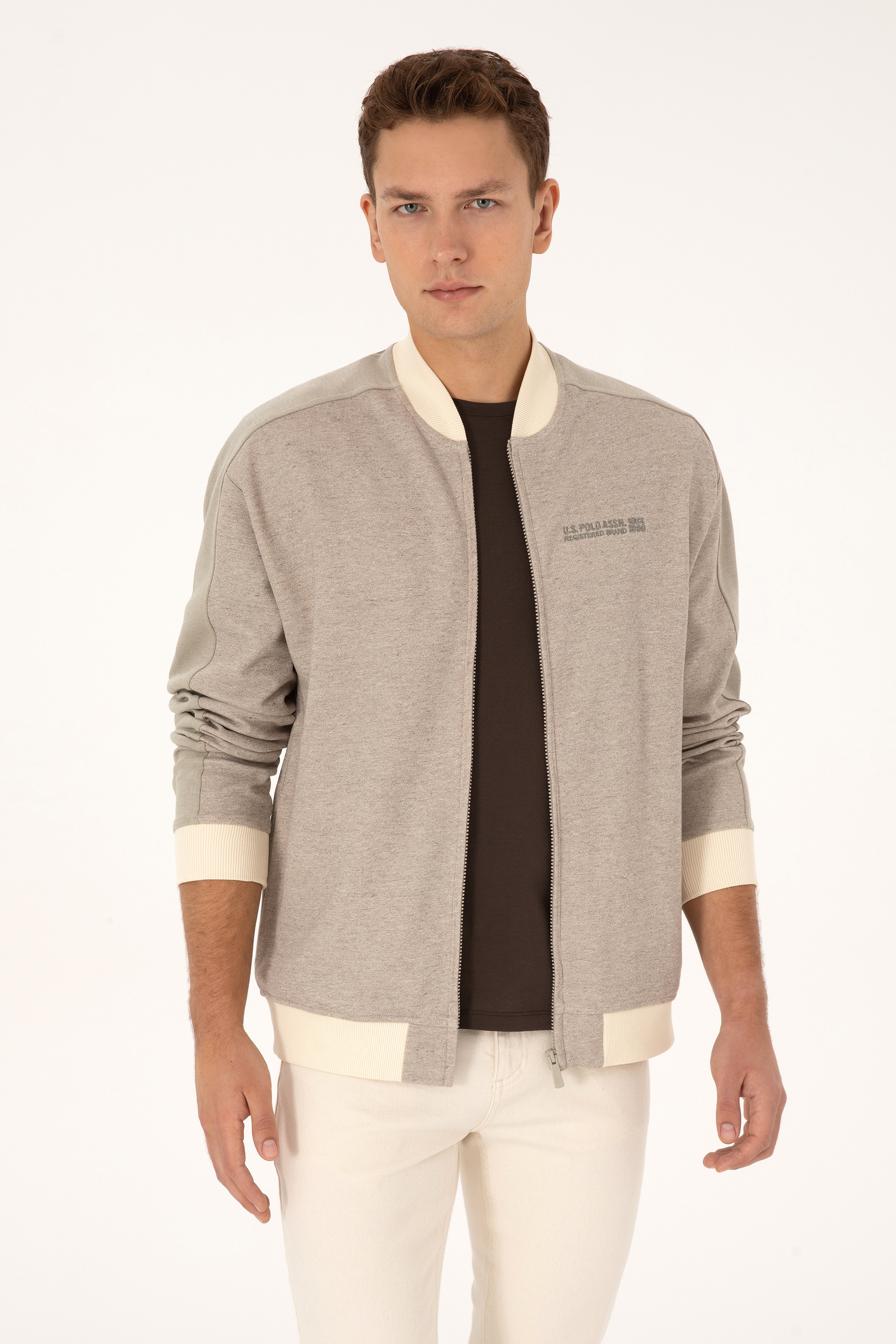 Erkek Regular Fit Fermuarlı Krem Örme Hırka - Image 3