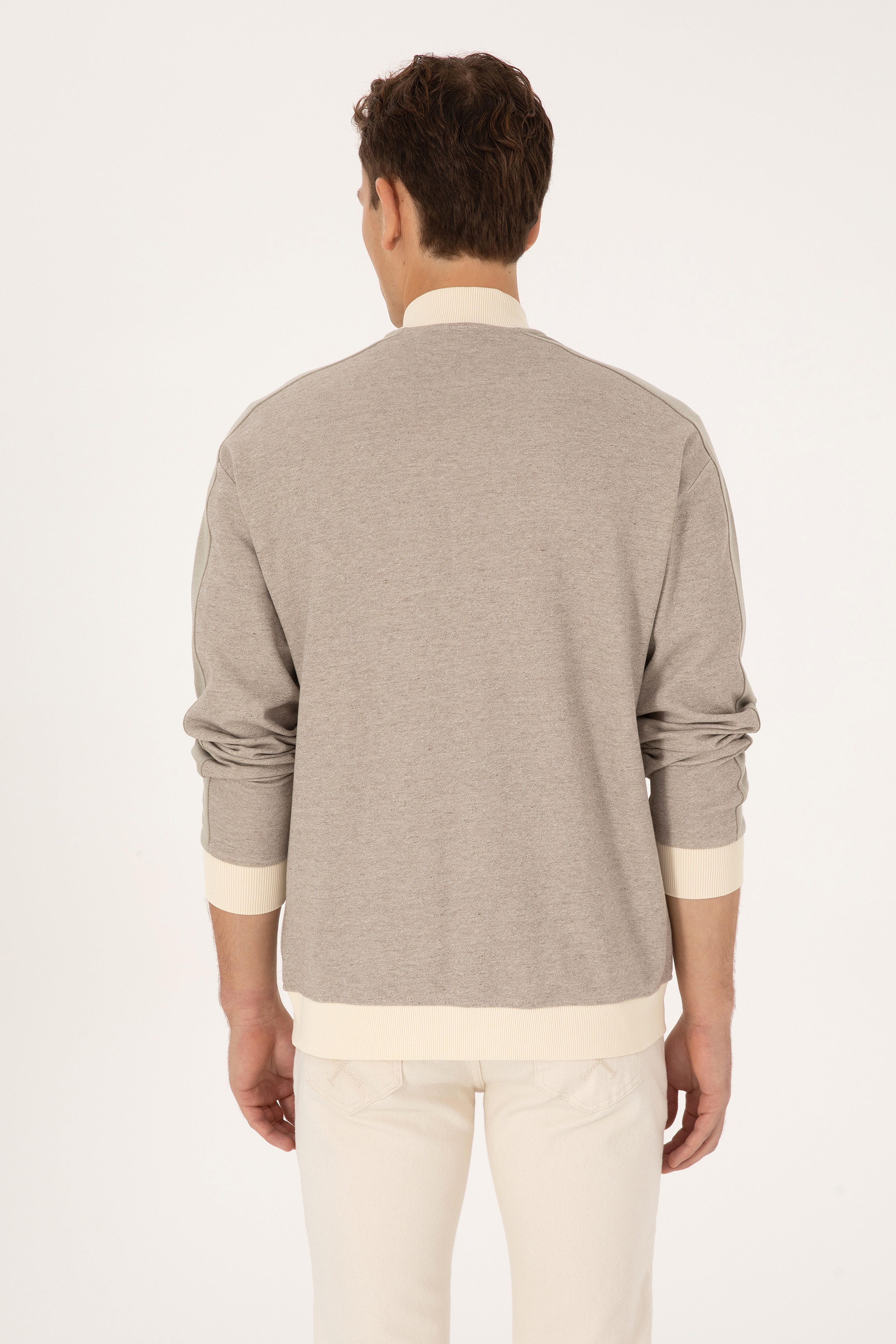 Erkek Regular Fit Fermuarlı Krem Örme Hırka - Image 5