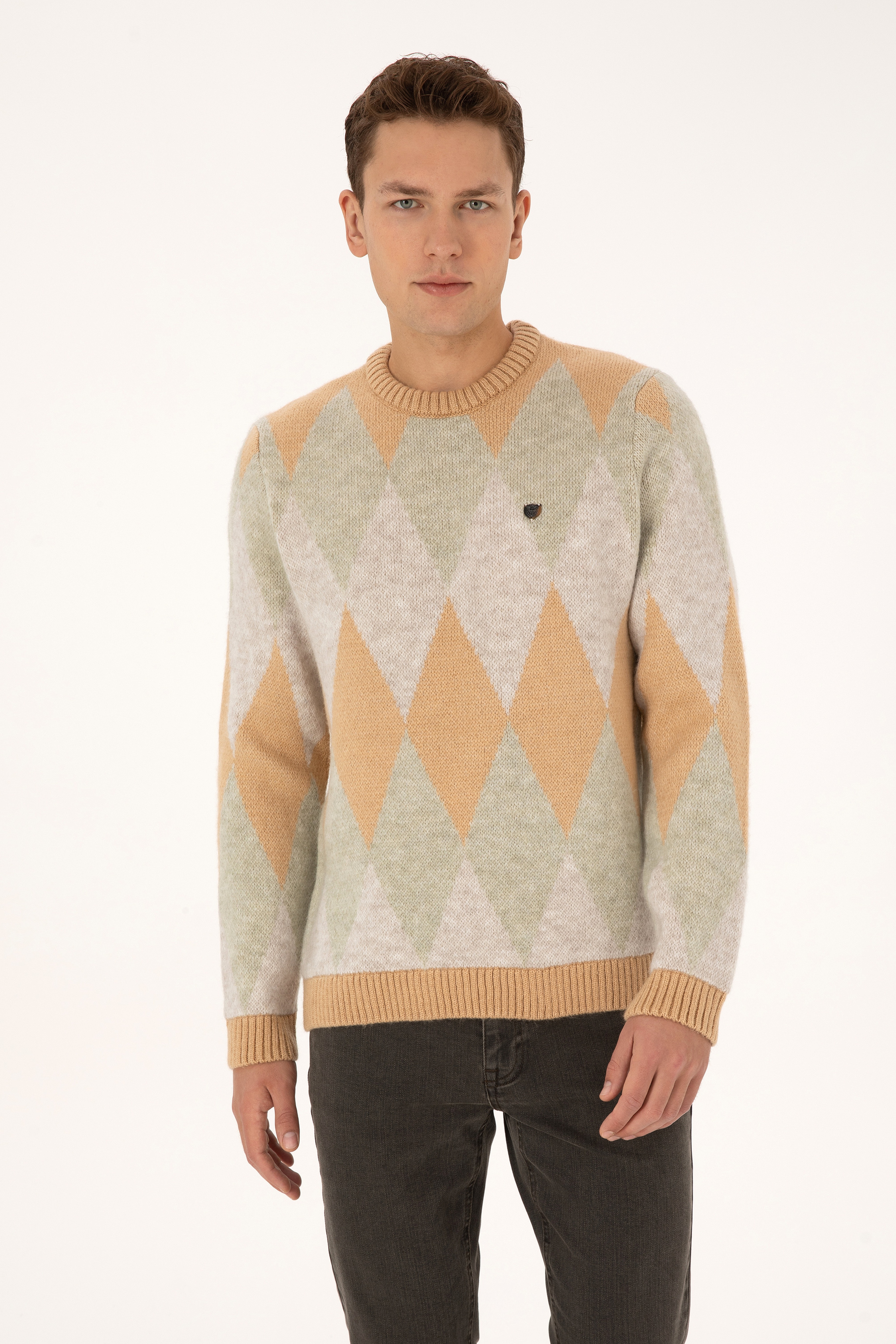 Erkek Comfort Fit Bisiklet Yaka Baklava Desenli Camel Kazak - Image 1