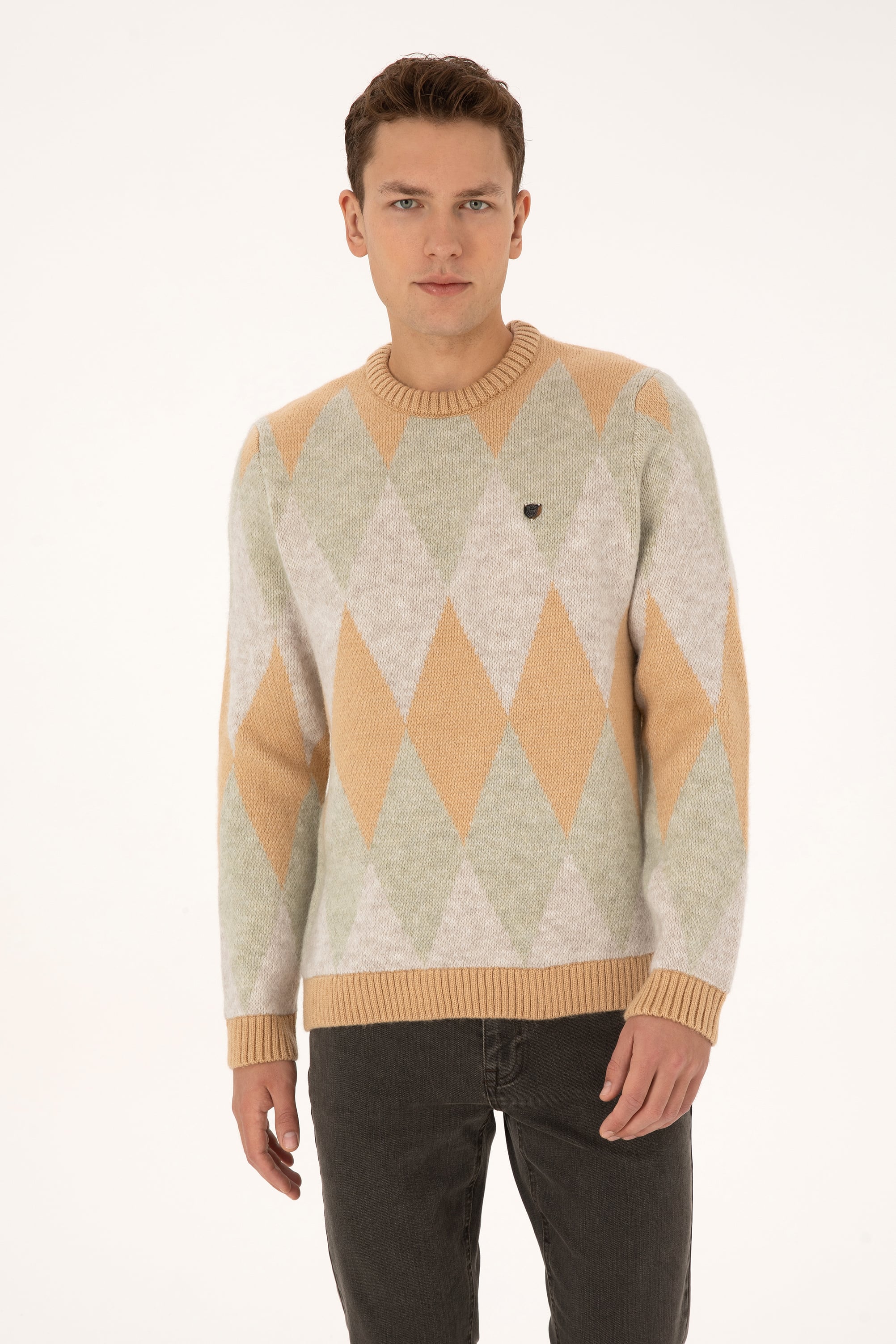 Erkek Comfort Fit Bisiklet Yaka Baklava Desenli Camel Kazak