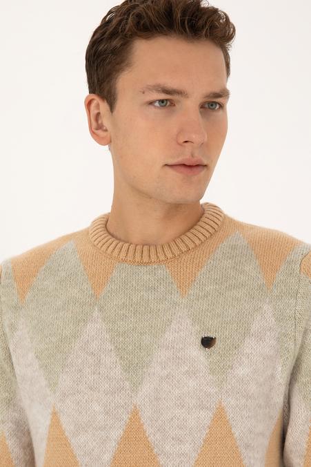 Erkek Comfort Fit Bisiklet Yaka Baklava Desenli Camel Kazak