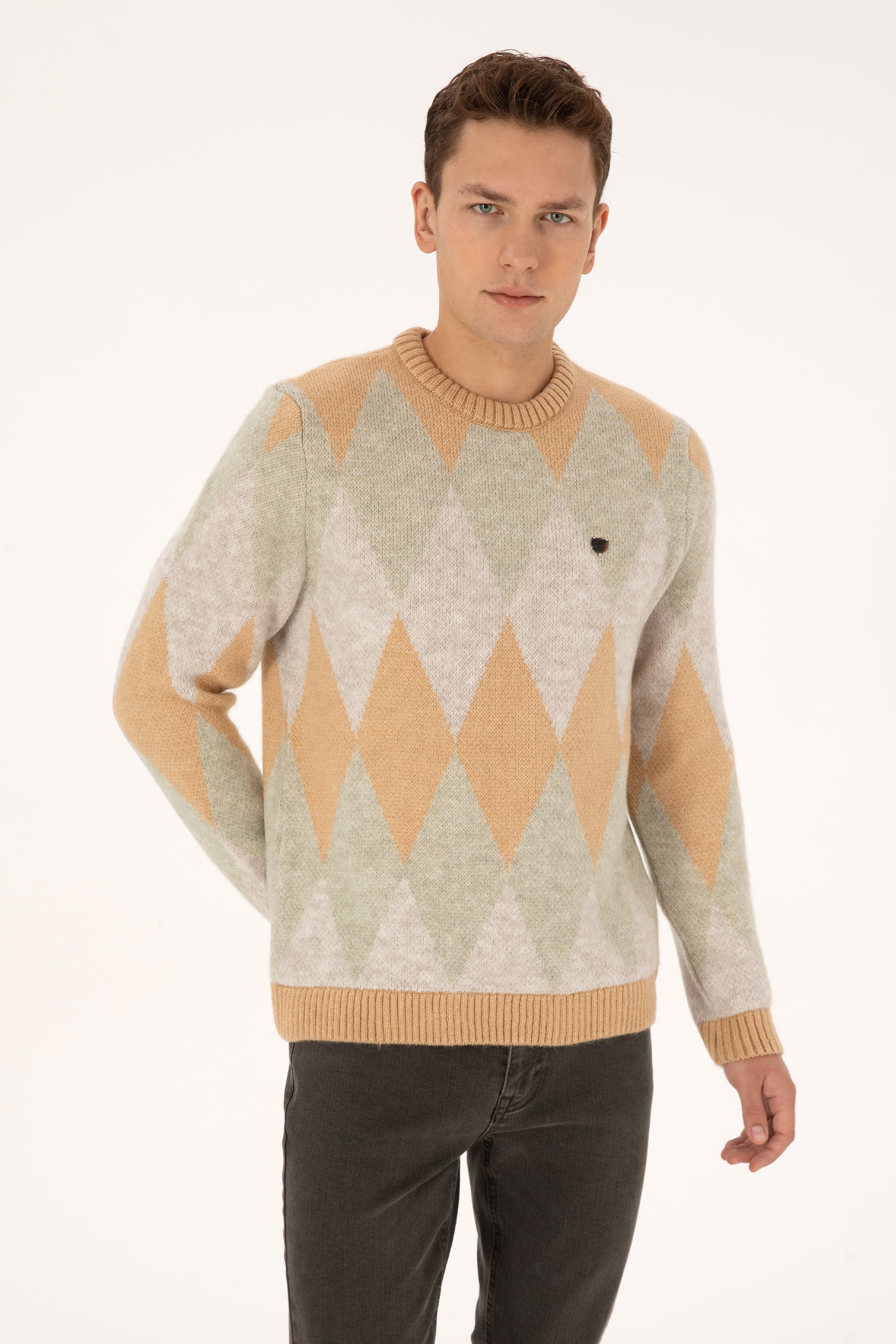 Erkek Comfort Fit Bisiklet Yaka Baklava Desenli Camel Kazak