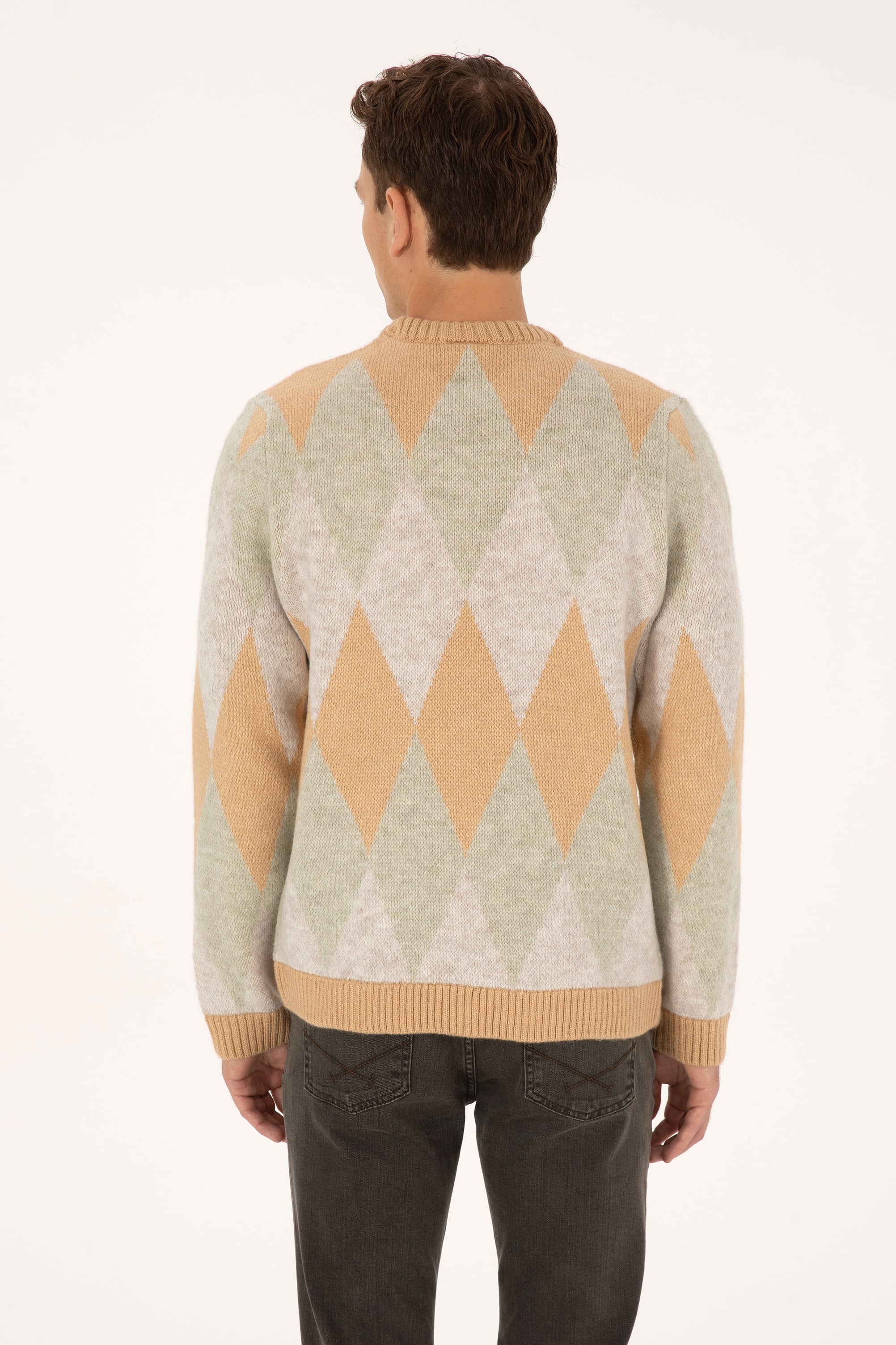 Erkek Comfort Fit Bisiklet Yaka Baklava Desenli Camel Kazak - Image 5