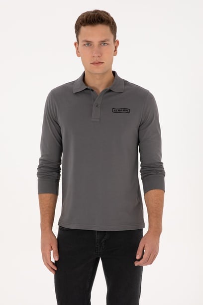 Erkek Regular Fit Polo Yaka Gri Sweatshirt