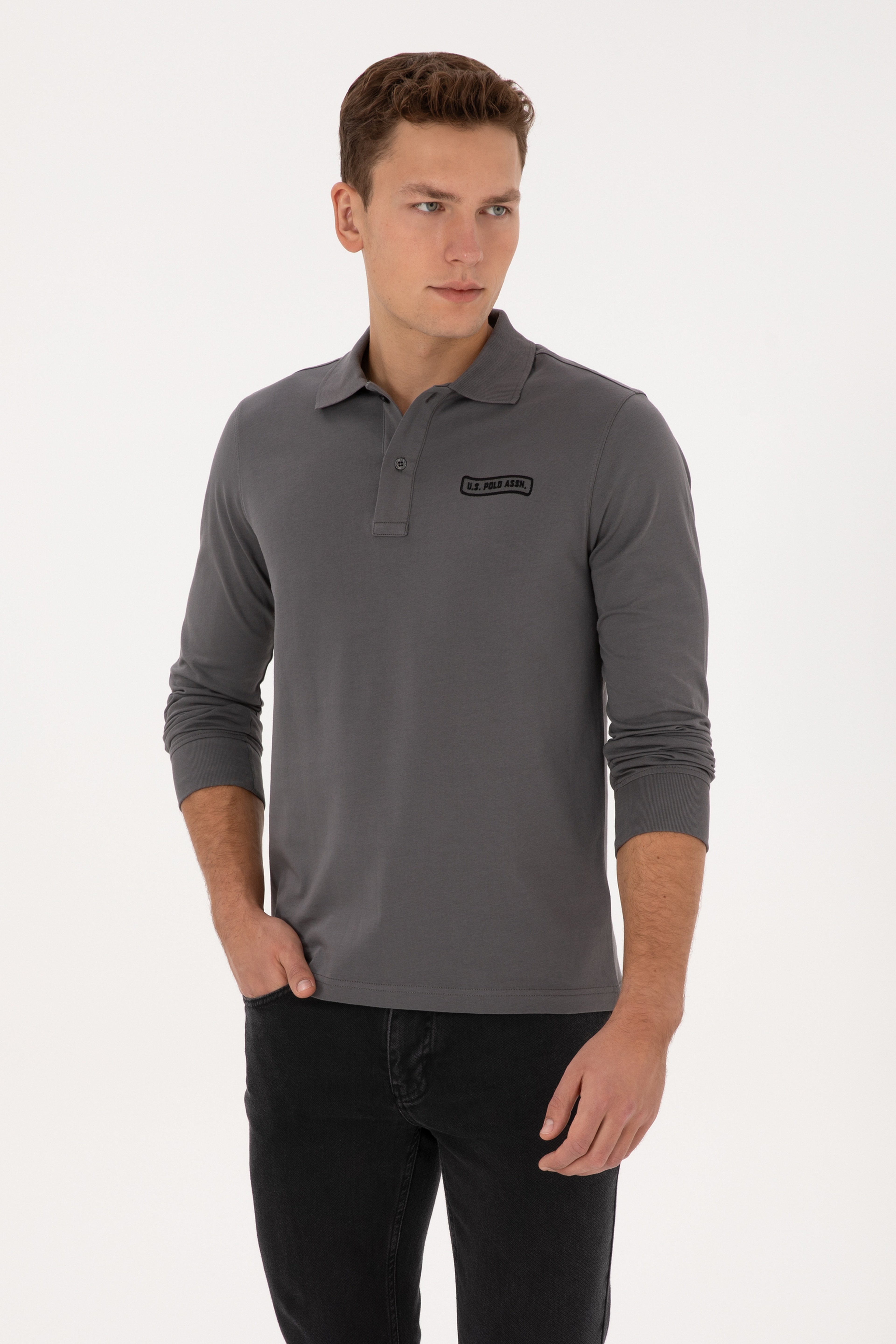 Erkek Regular Fit Polo Yaka Gri Sweatshirt - Image 3