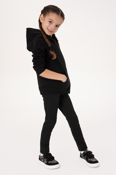Kız Çocuk Siyah Kapüşonlu Şardonlu Basic Sweatshirt