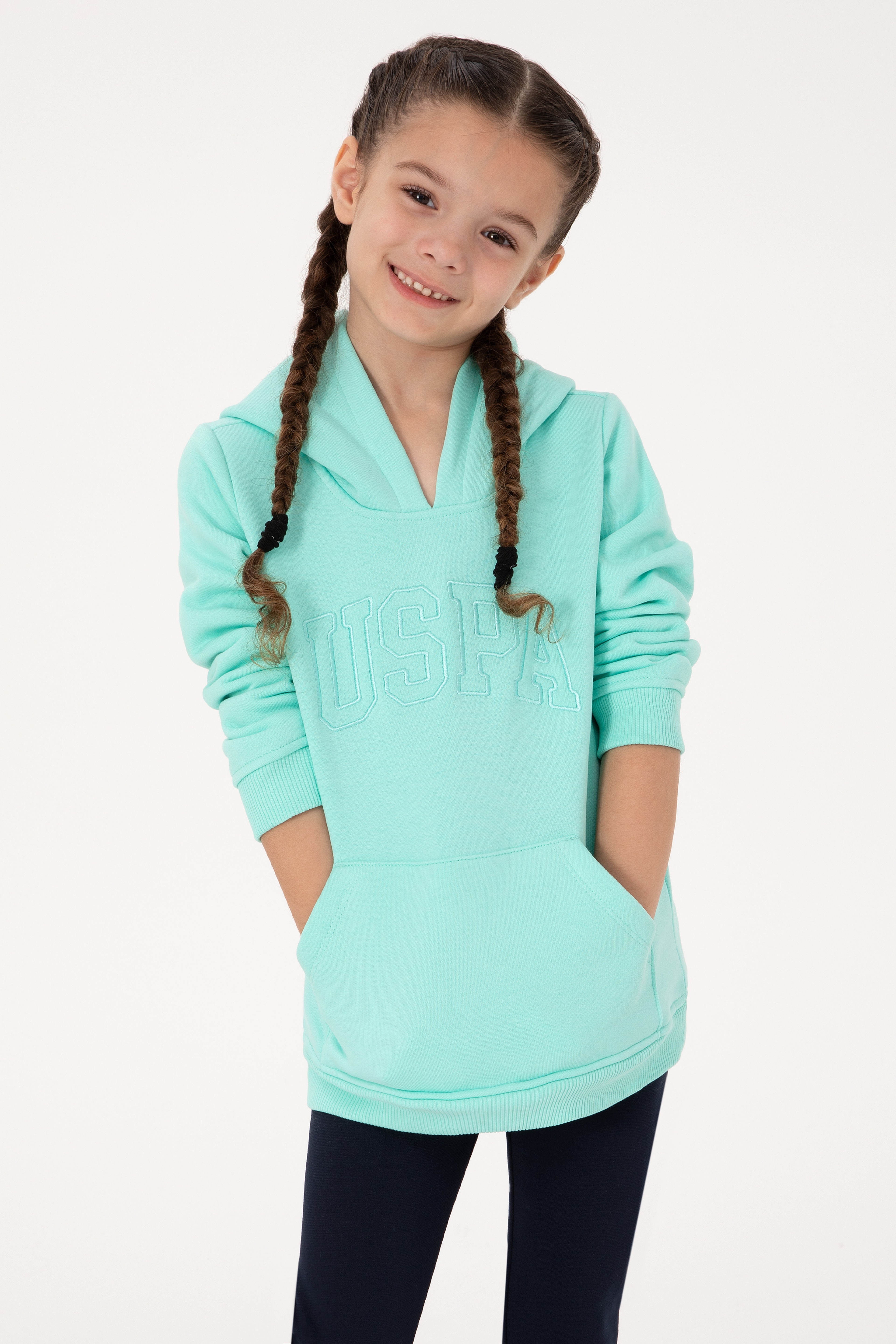 Kız Çocuk Mint Kapüşonlu Şardonlu Basic Sweatshirt - Image 1