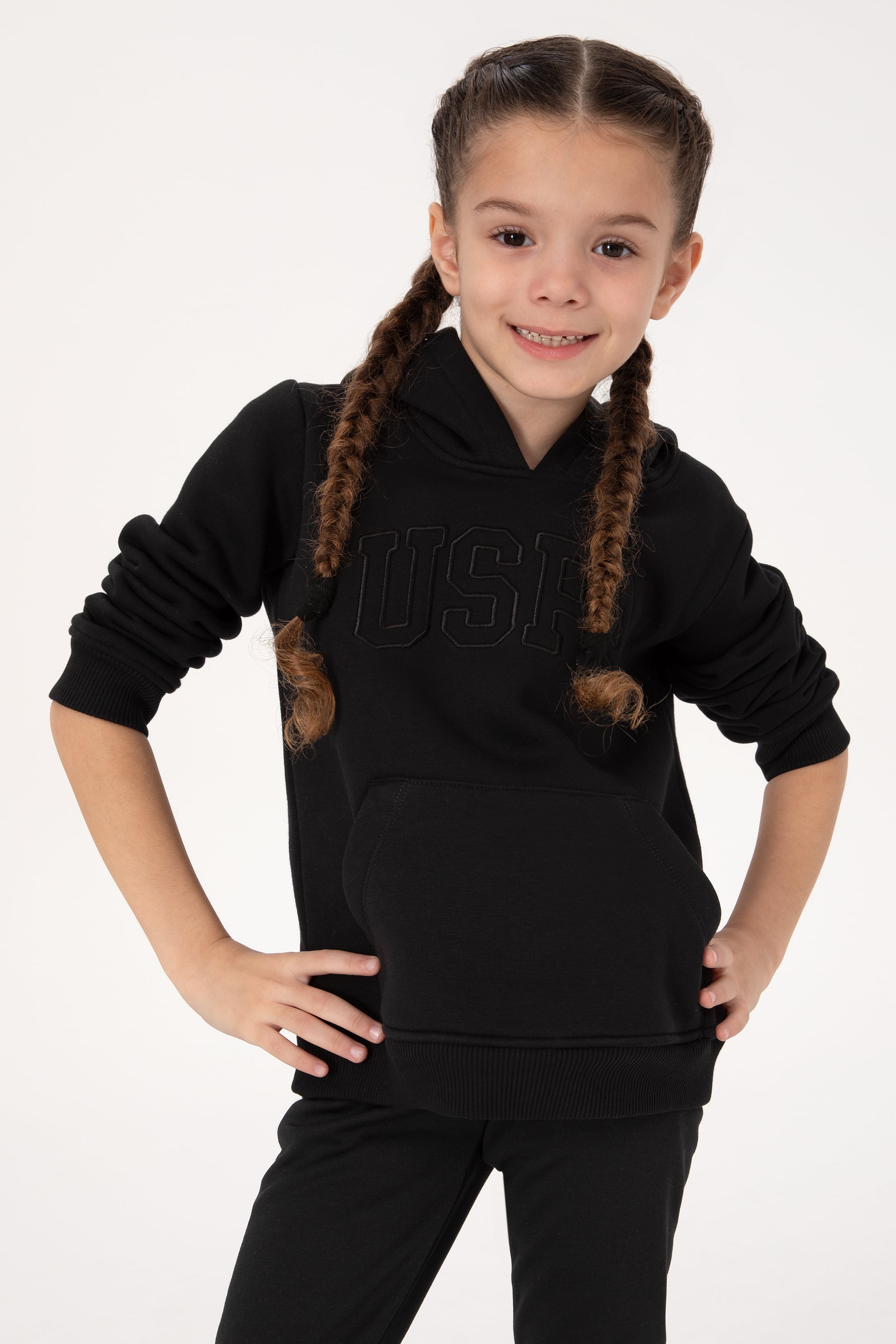 Kız Çocuk Siyah Kapüşonlu Şardonlu Basic Sweatshirt - Image 1