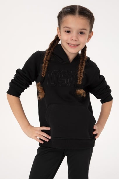Kız Çocuk Siyah Kapüşonlu Şardonlu Basic Sweatshirt