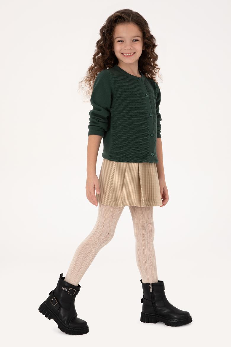 Kız Çocuk Koyu Yeşil Düğmeli Bisiklet Yaka Triko Hırka - 50316292023