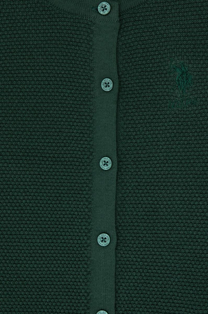 Kız Çocuk Koyu Yeşil Düğmeli Bisiklet Yaka Triko Hırka