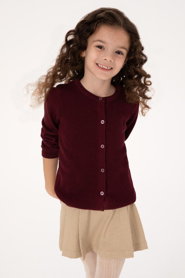 Kız Çocuk Bordo Düğmeli Bisiklet Yaka Triko Hırka - 50316292036