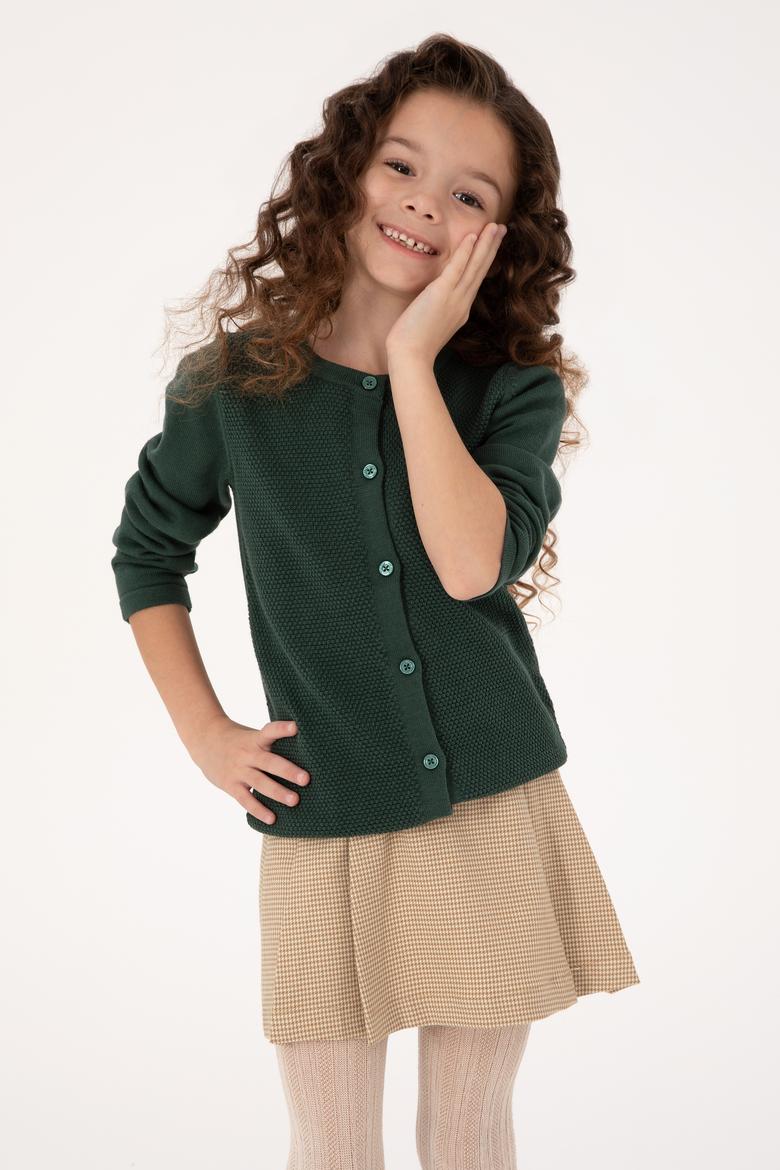 Kız Çocuk Koyu Yeşil Düğmeli Bisiklet Yaka Triko Hırka