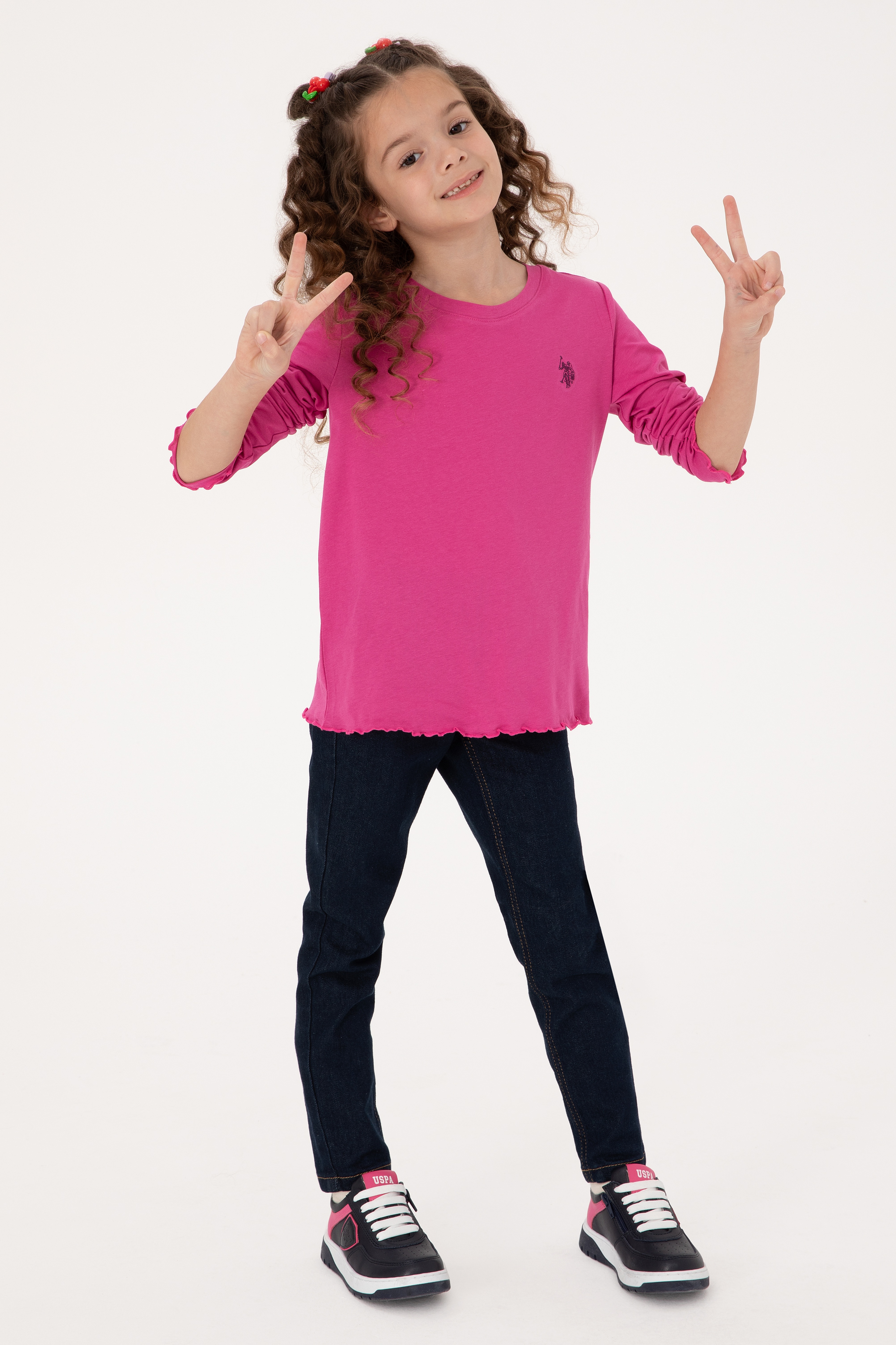 Kız Çocuk Pembe Bisiklet Yaka Basic Sweatshirt - Image 1
