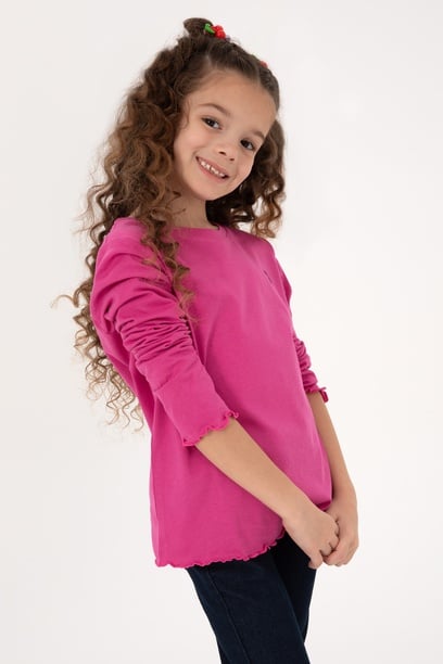 Kız Çocuk Pembe Bisiklet Yaka Basic Sweatshirt