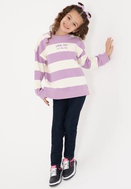 Kız Çocuk Lila Çizgili Bisiklet Yaka Sweatshirt - 50317898005