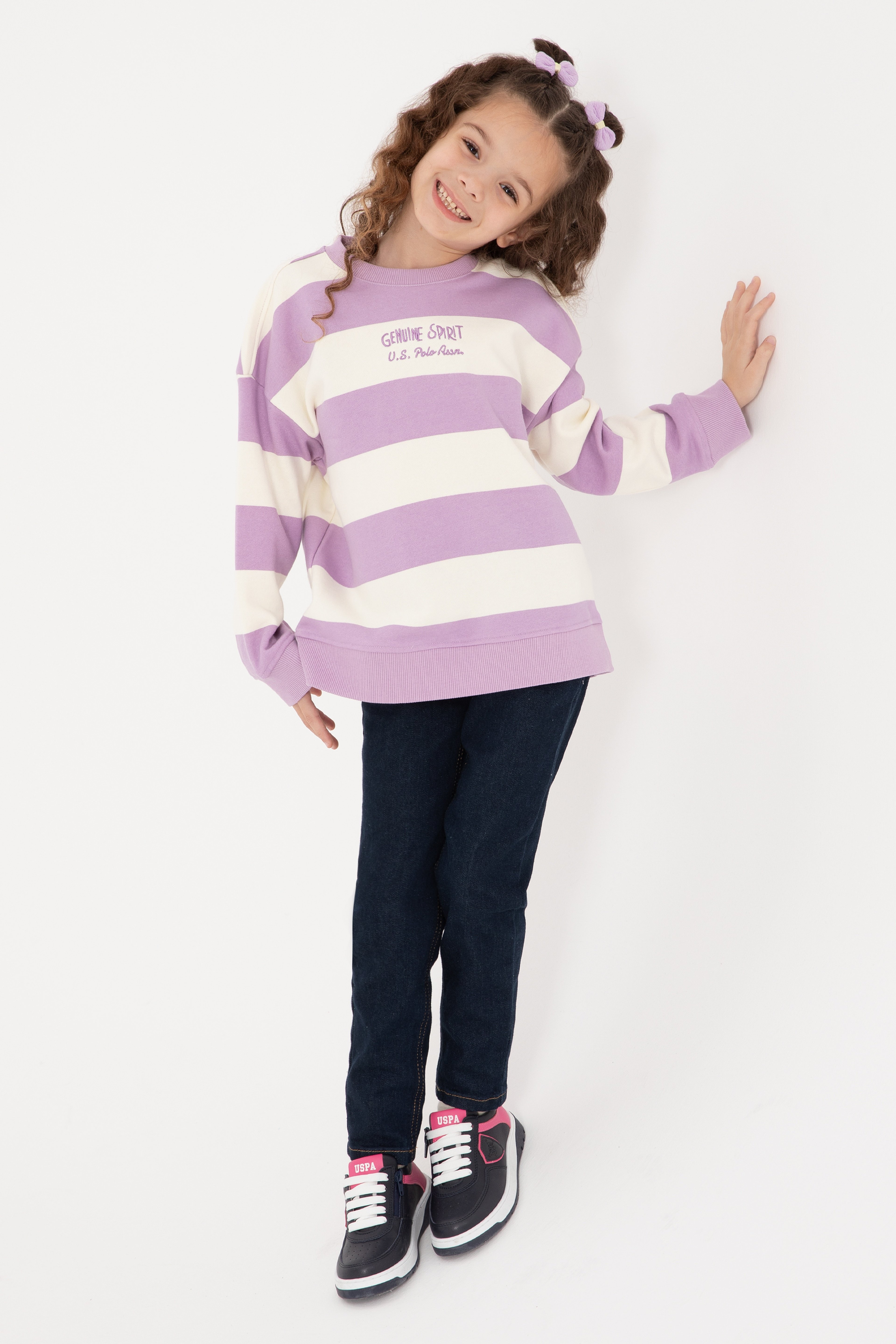 Kız Çocuk Lila Çizgili Bisiklet Yaka Sweatshirt