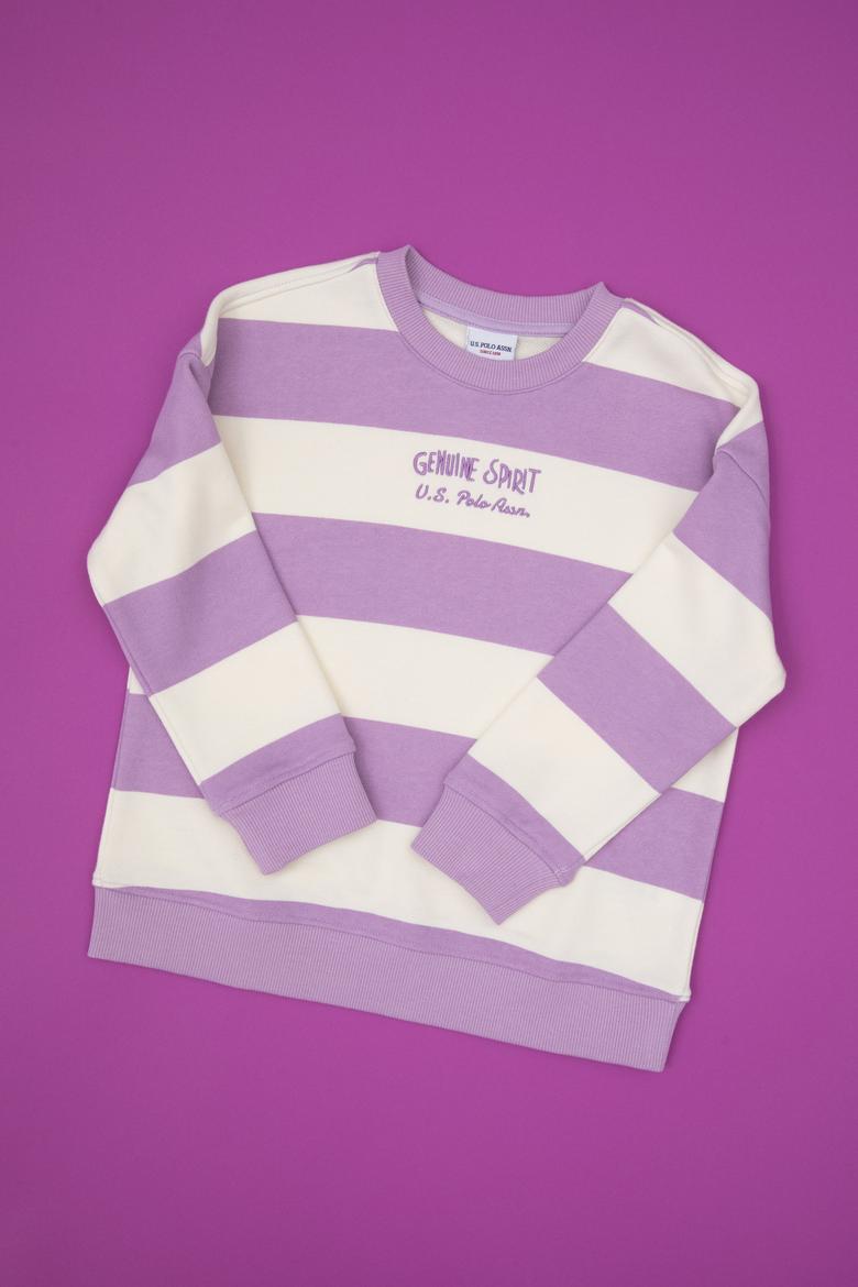 Kız Çocuk Lila Çizgili Bisiklet Yaka Sweatshirt - 50317898005