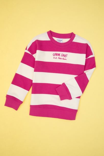 Kız Çocuk Pembe Çizgili Bisiklet Yaka Sweatshirt