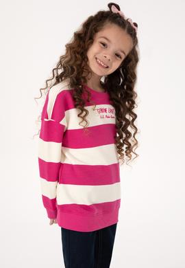 Kız Çocuk Pembe Çizgili Bisiklet Yaka Sweatshirt - 50317898022